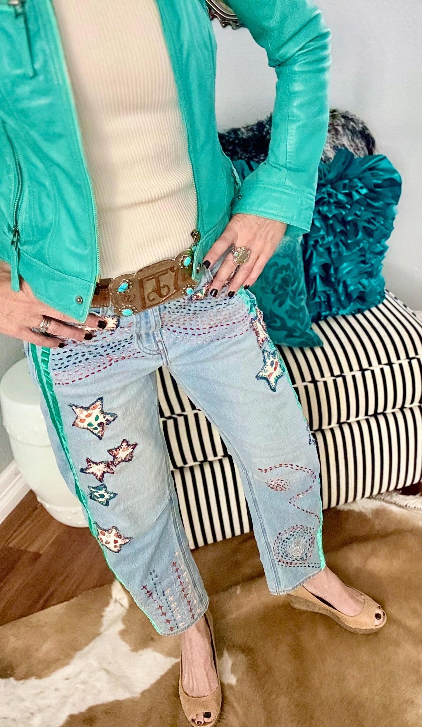 Reworked Barrel Jeans: Hand-Cut Denim Appliqué and Velvet Stripes, Light Wash
