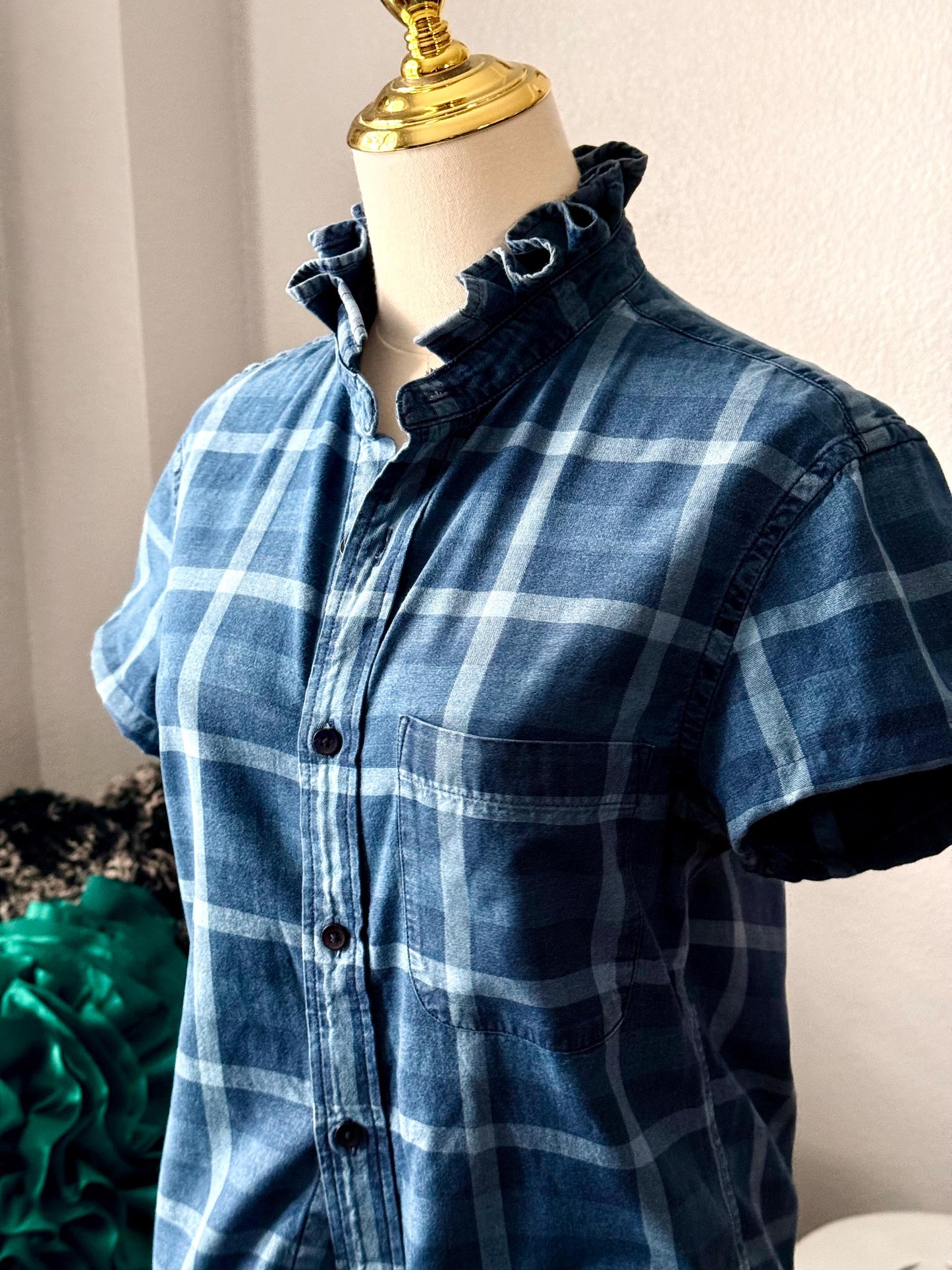 Reworked Shirt: Medium Weight Denim Ruffle Collar Top Classic Fit