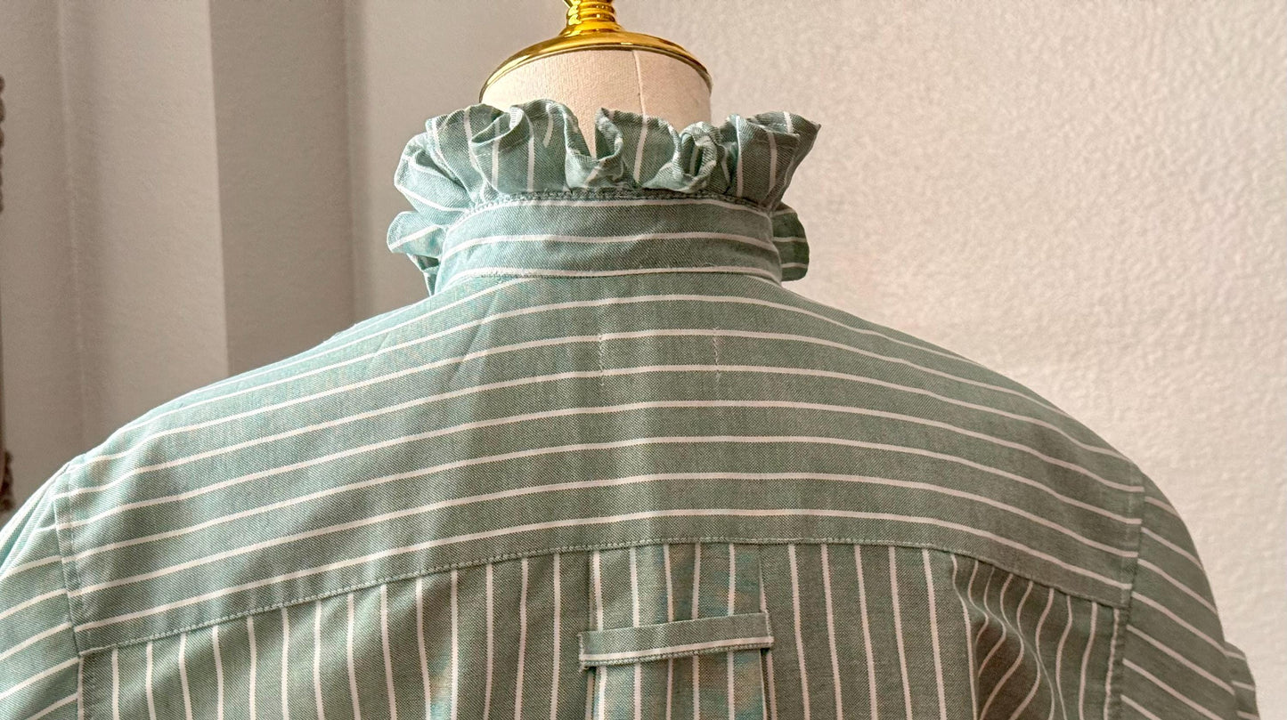 Reworked Oxford Shirt: Green & White Striped Ruffle Collar Top Boxy Fit