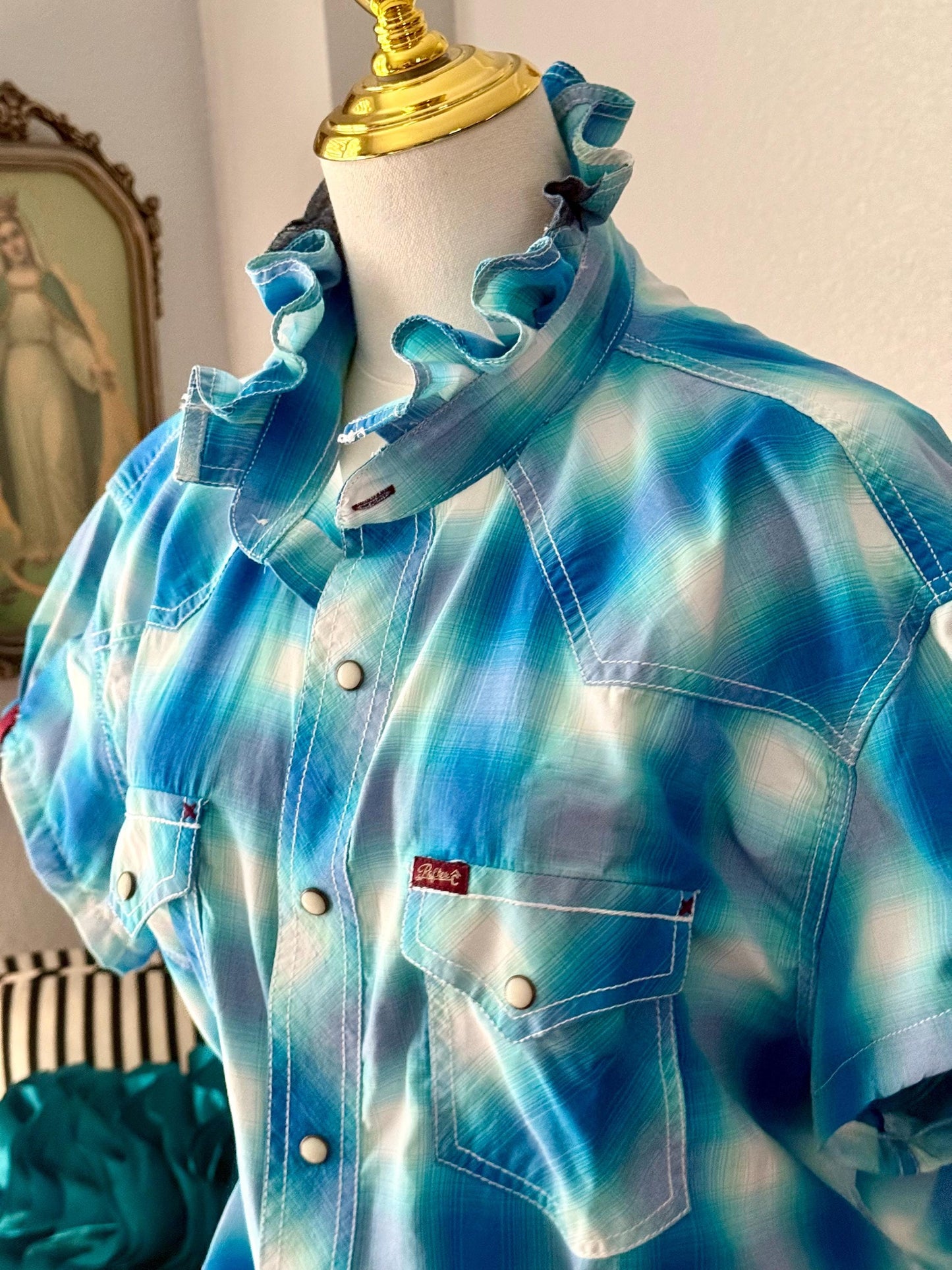 Upcycled Mens to Ladies Pearl Snap Ruffle Collar Top | Reworked Handmade Shirt