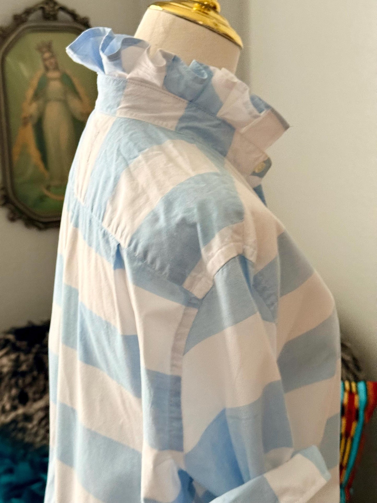 Striped Cotton Ruffle Collar Blouse: Upcycled Button-Down Shirt