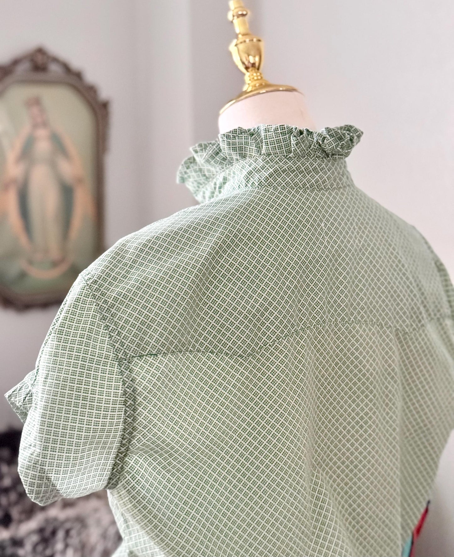Upcycled Mens to Ladies Pearl Snap Ruffle Collar Top | Reworked Handmade Shirt