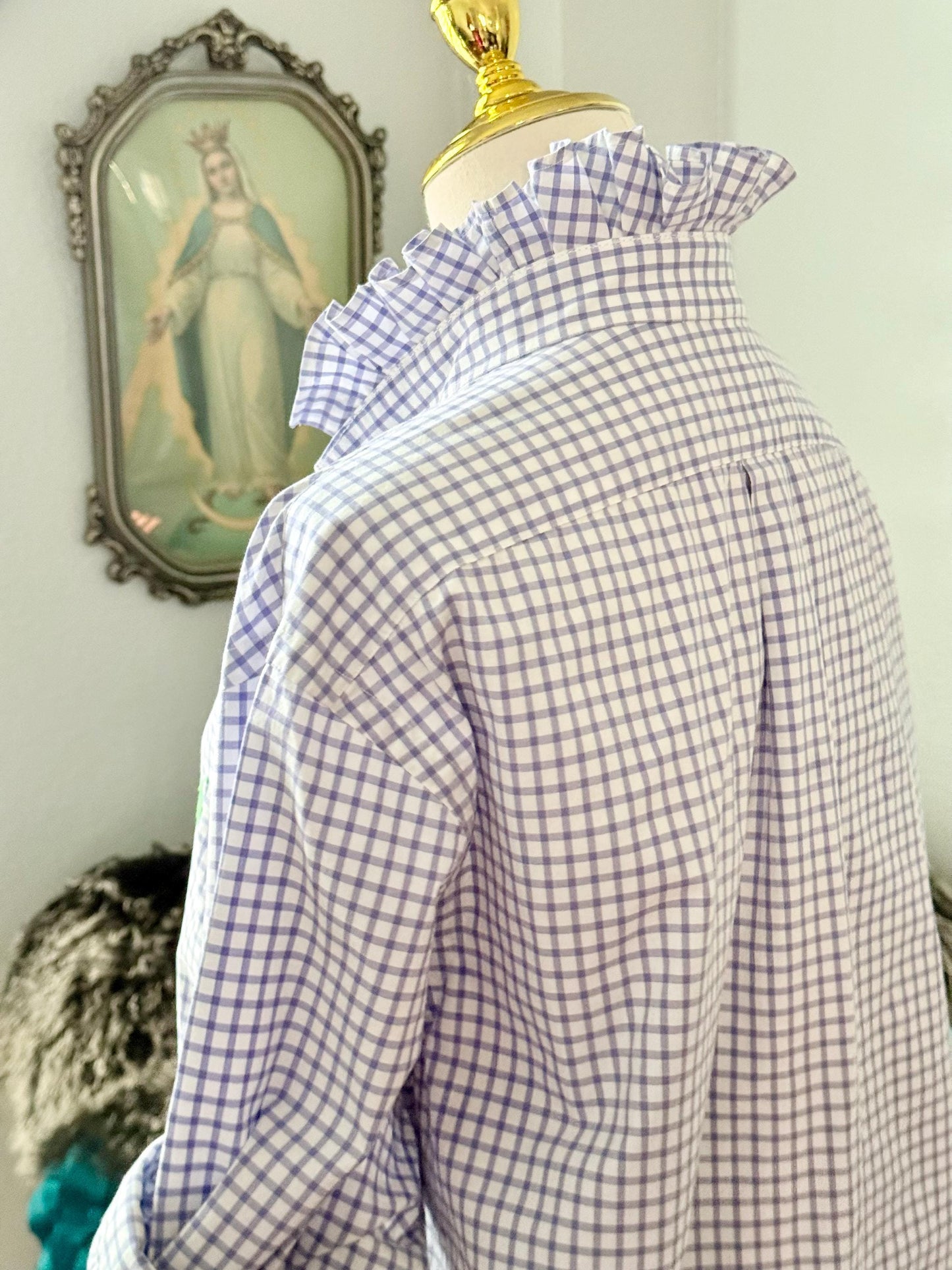 Reworked Ralph Lauren Plaid Shirt, Ruffle Collar Top, Classic Fit