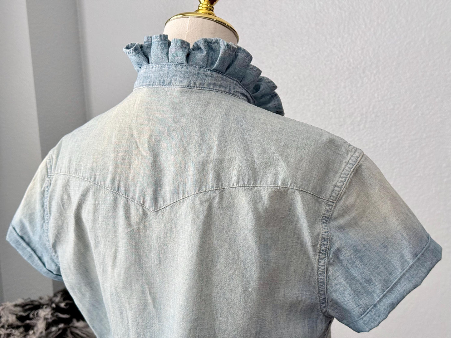 Reworked Ralph Lauren Pearl Snap Shirt: Light Wash and Light Weight Denim Ruffle Collar Top Classic Fit