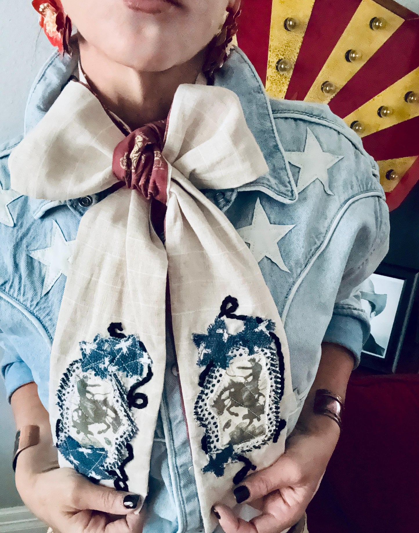Handmade Linen Skinnyish Scarf, Buckin' Bronco