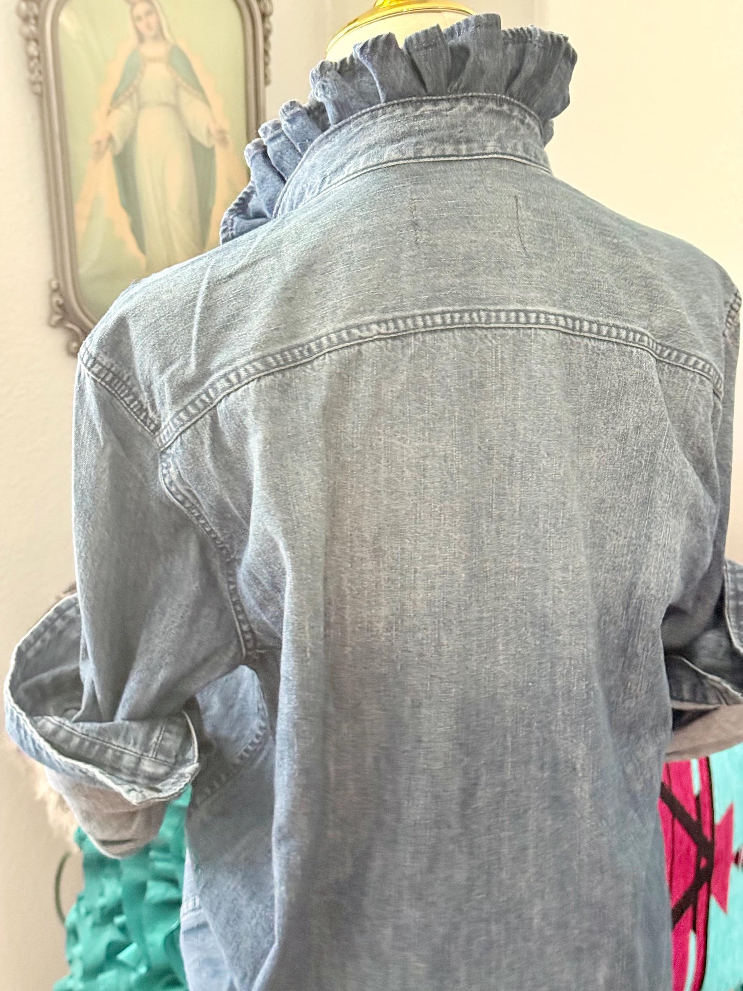 Reworked Medium Wash Denim Snap Ruffle Collar Top