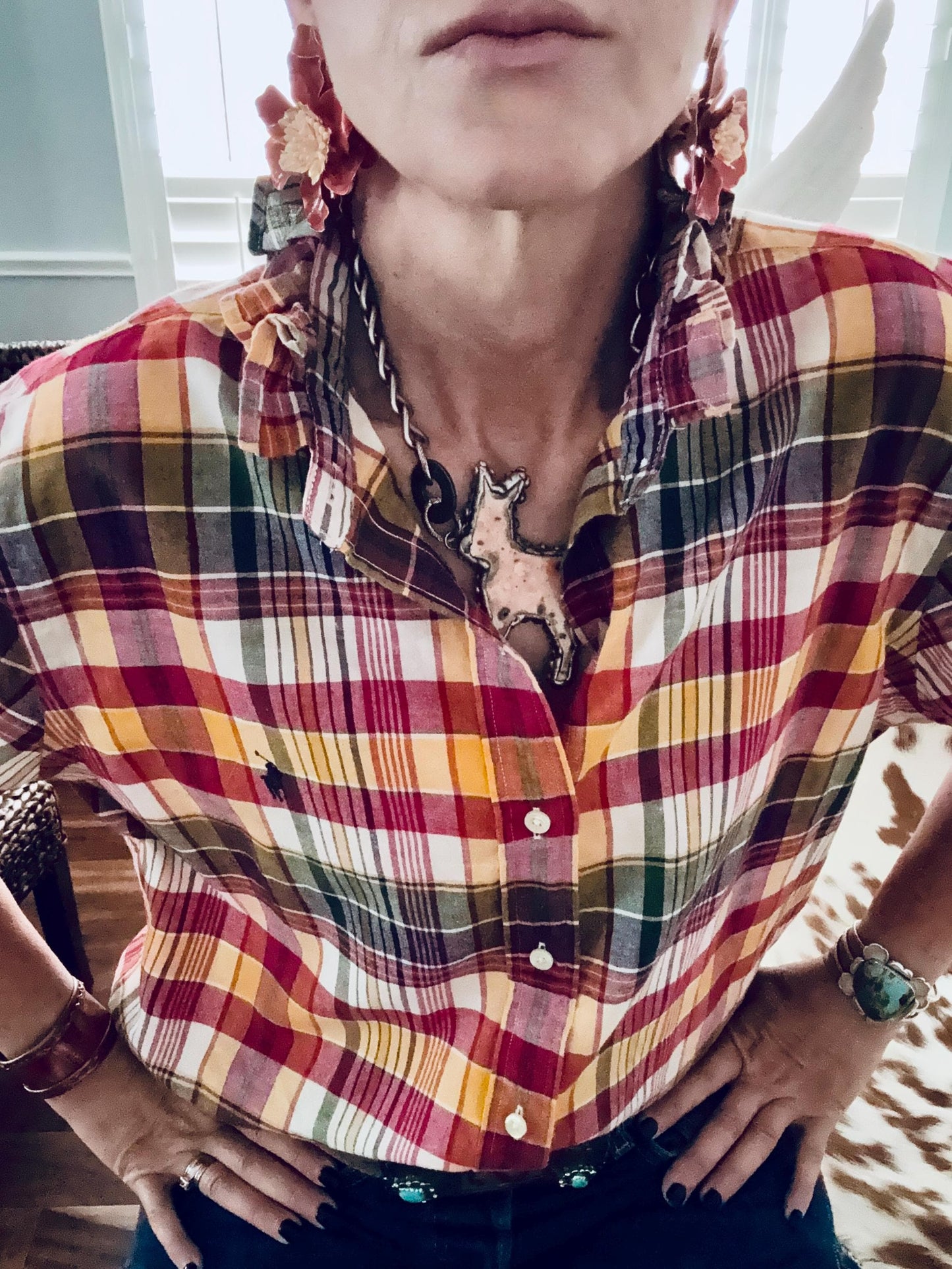 Fuchsia and Orange Plaid Ralph Lauren: Reworked Ruffle Collar Classic Fit Top