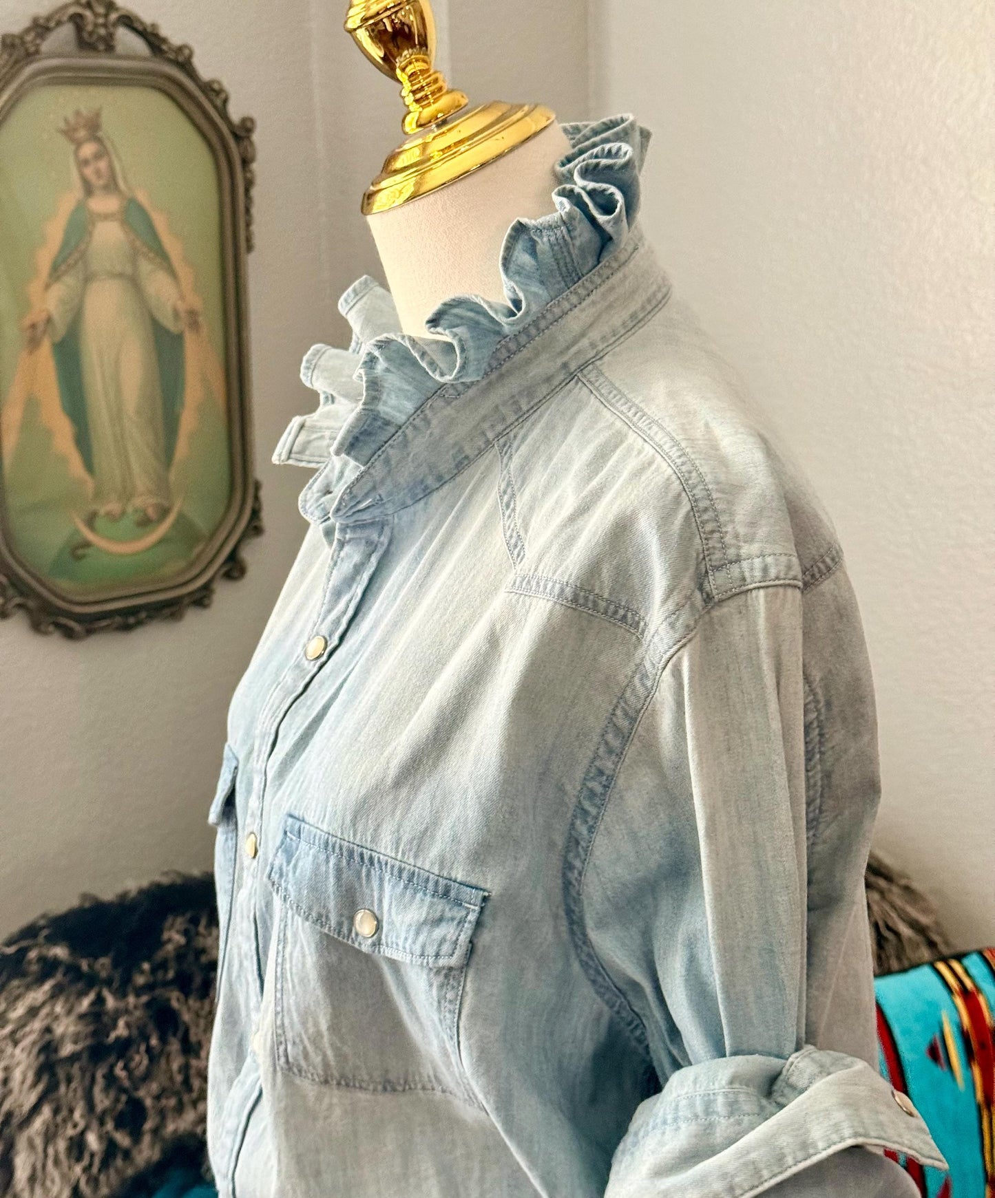 Reworked Light Wash and Light Weight Denim Snap Ruffle Collar Top