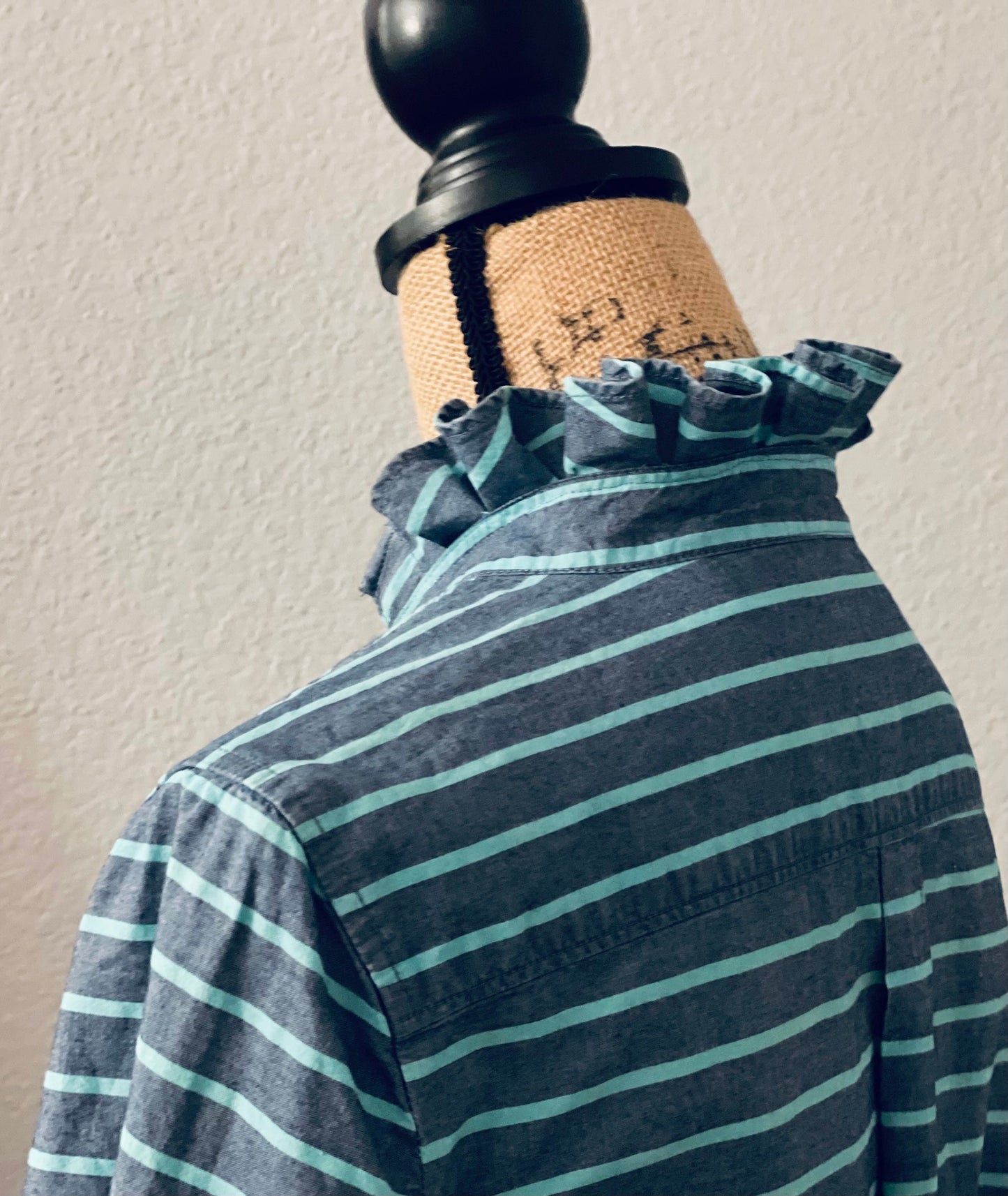 Striped Cotton Ruffle Collar Blouse: Upcycled Button-Down Shirt