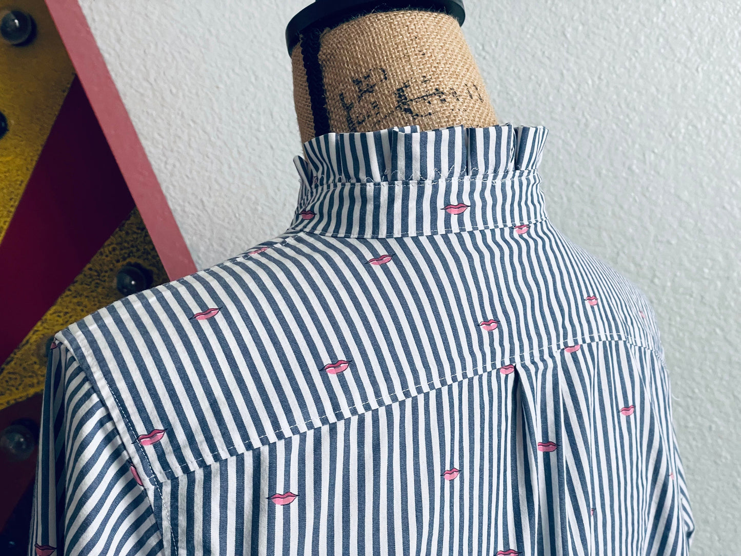Reworked Striped Button-Down Shirt: Blue & White Lips Print