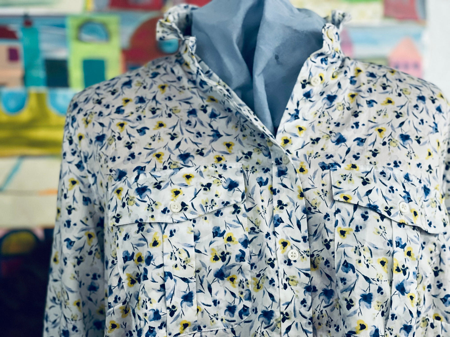Plus Size Floral Top, Elegant yet Effortless Ladies  Ruffle Collar Long Sleeve Button Down Shirt for Office or Weekend