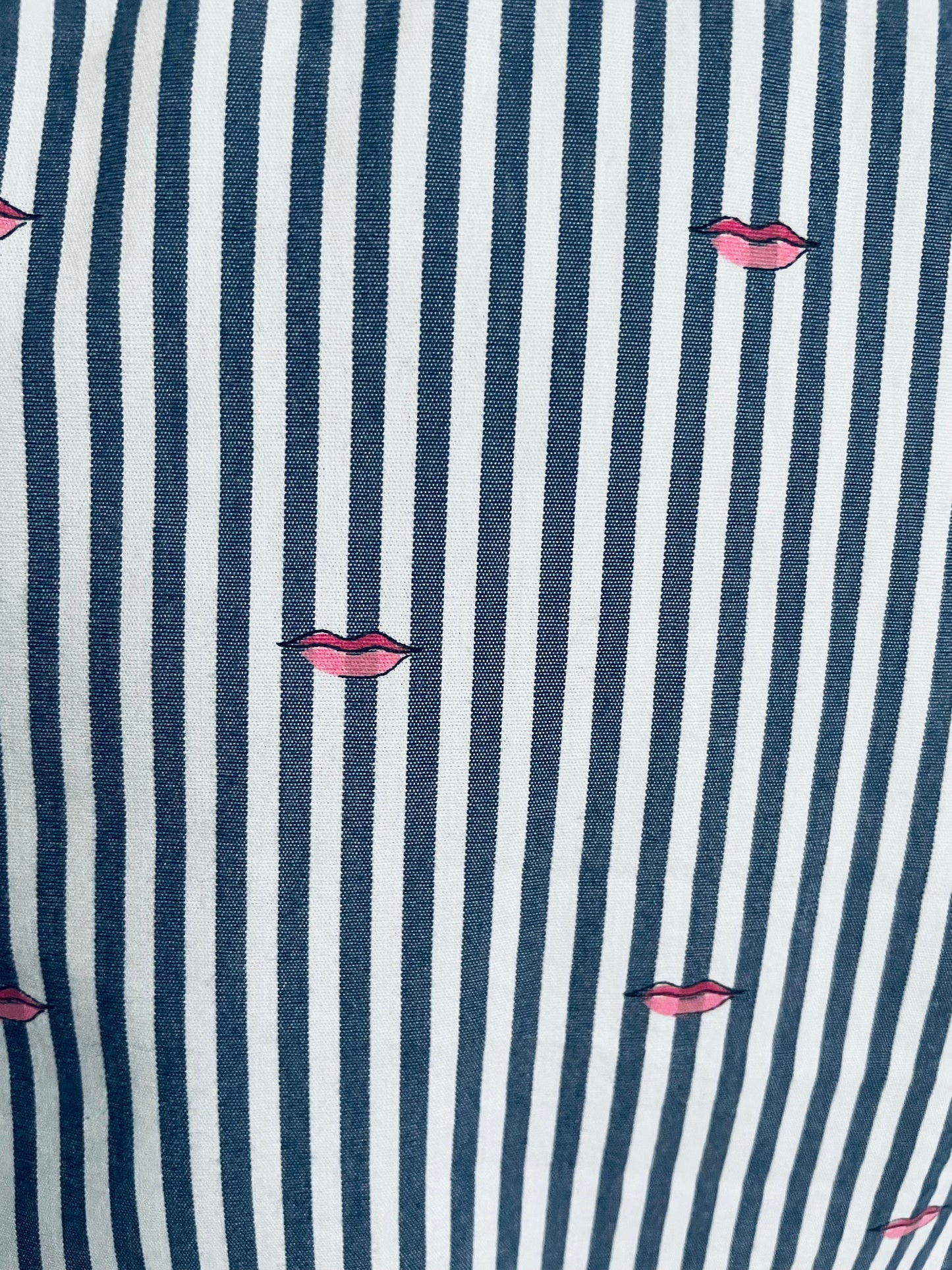 Reworked Striped Button-Down Shirt: Blue & White Lips Print