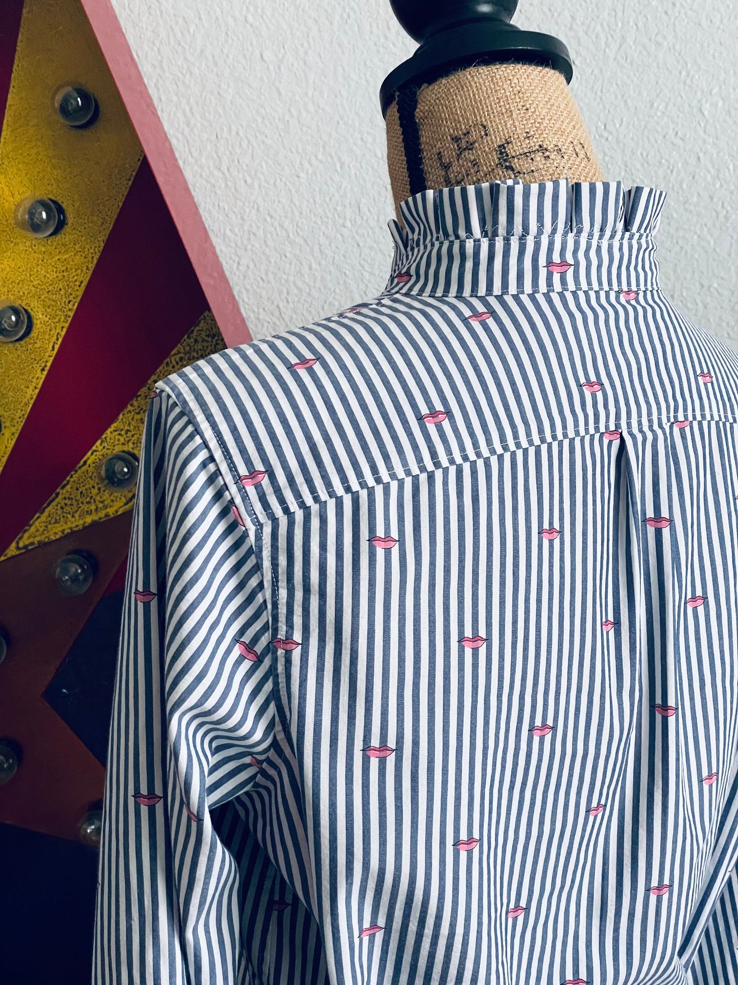 Reworked Striped Button-Down Shirt: Blue & White Lips Print