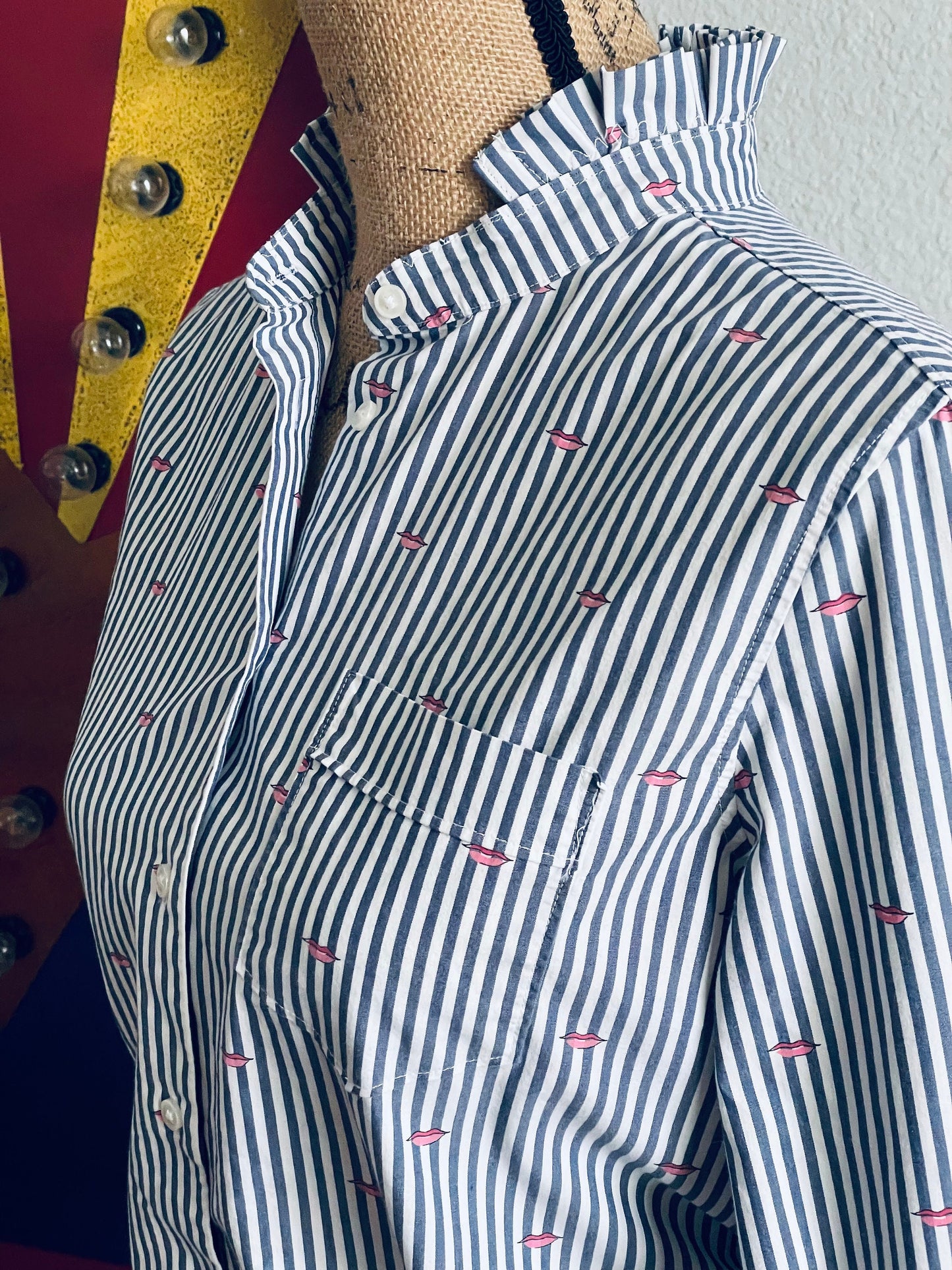 Reworked Striped Button-Down Shirt: Blue & White Lips Print