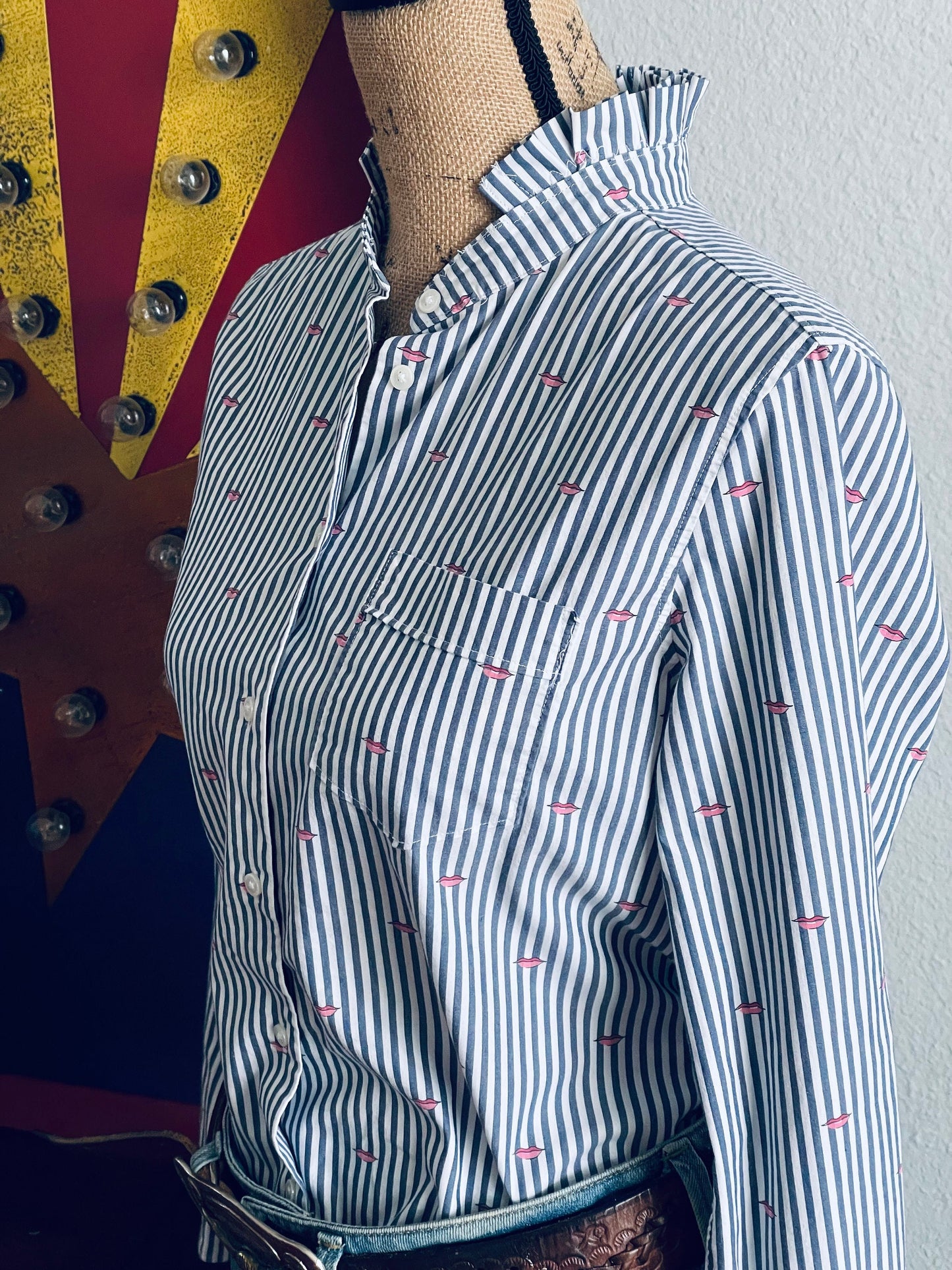 Reworked Striped Button-Down Shirt: Blue & White Lips Print