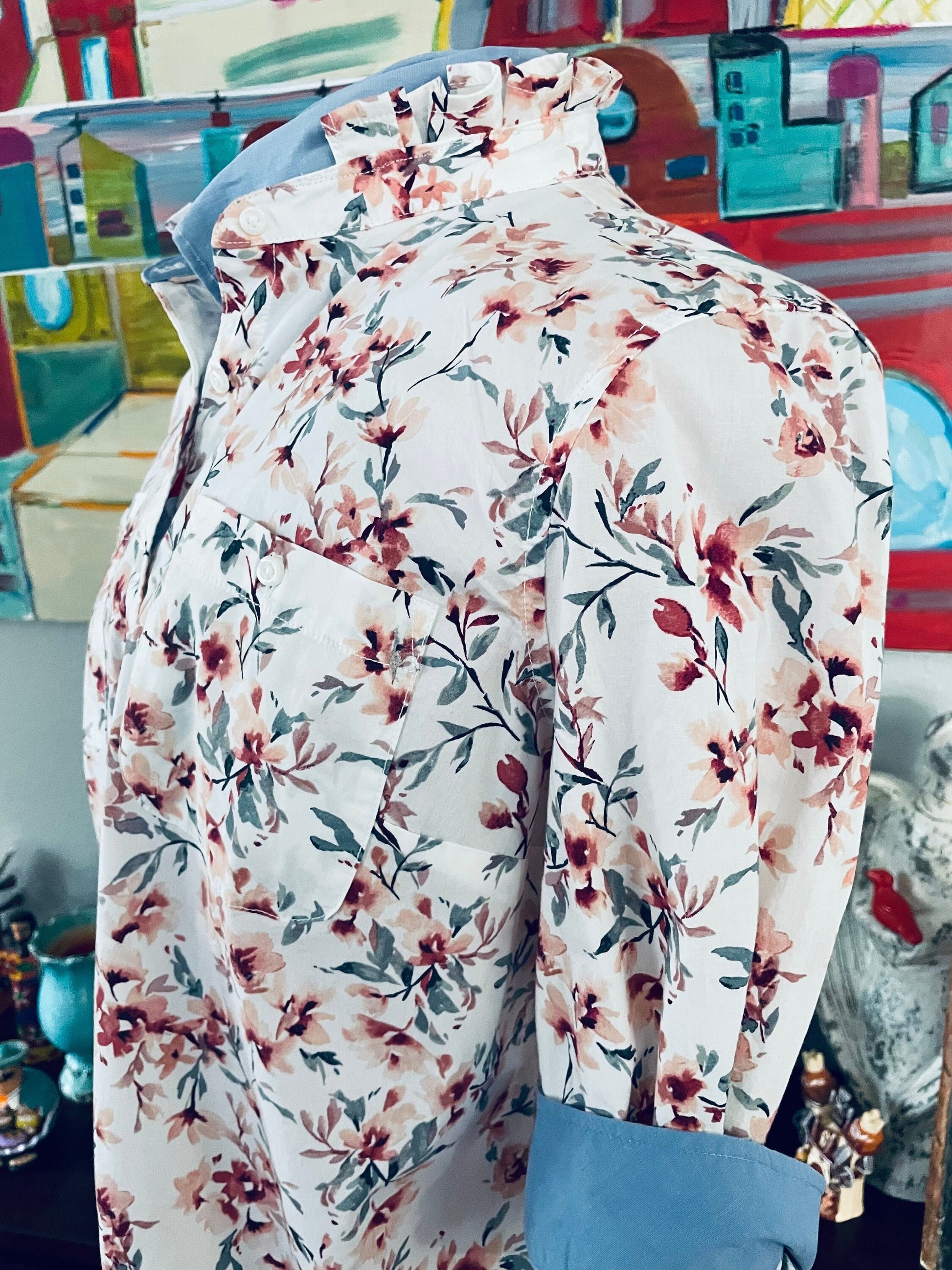 Plus Size Upcycled Long Sleeve Ruffle Collar Shirt