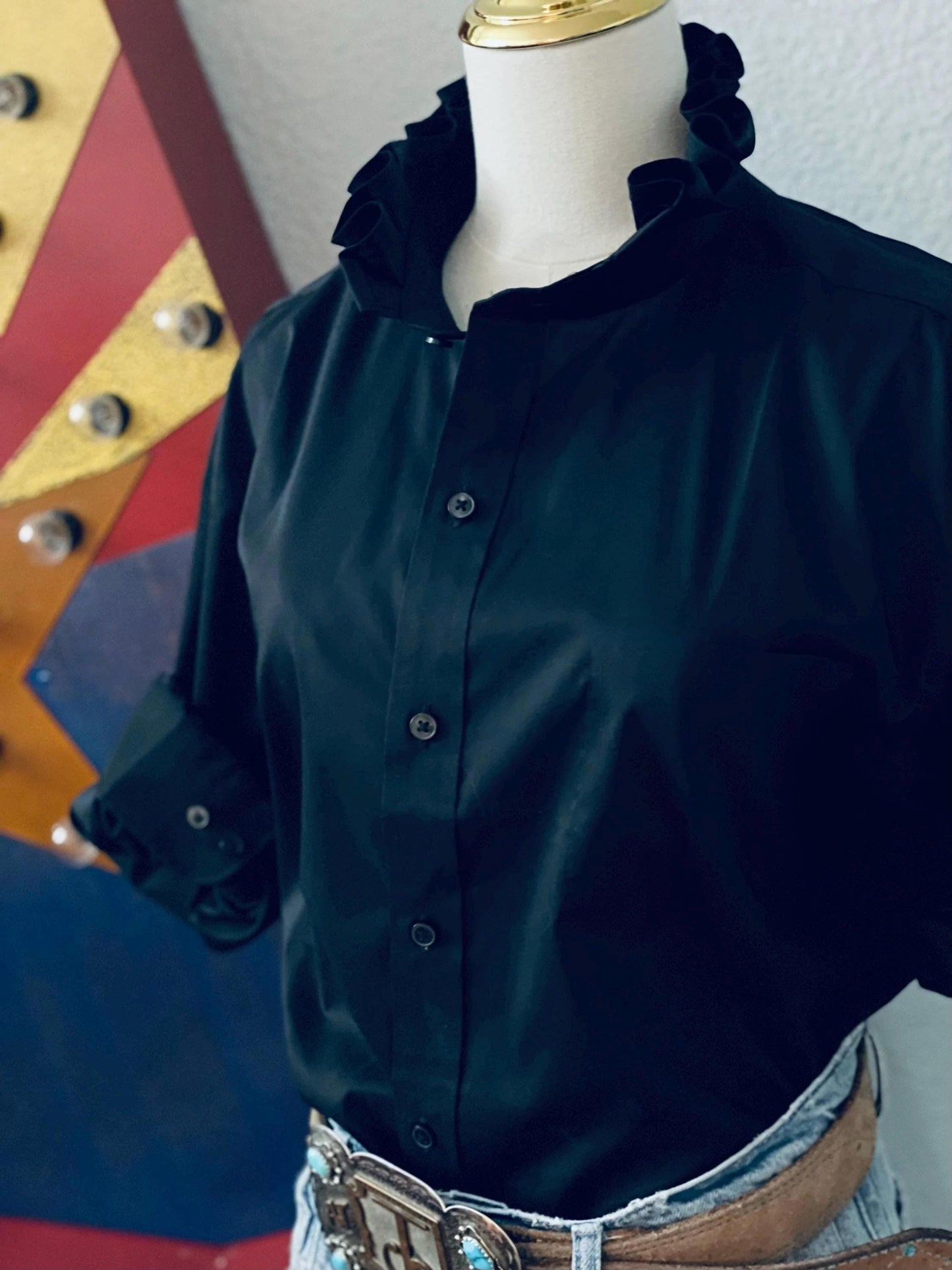 Reworked Black Ruffle Collar Blouse: Upcycled Cotton Blend Top