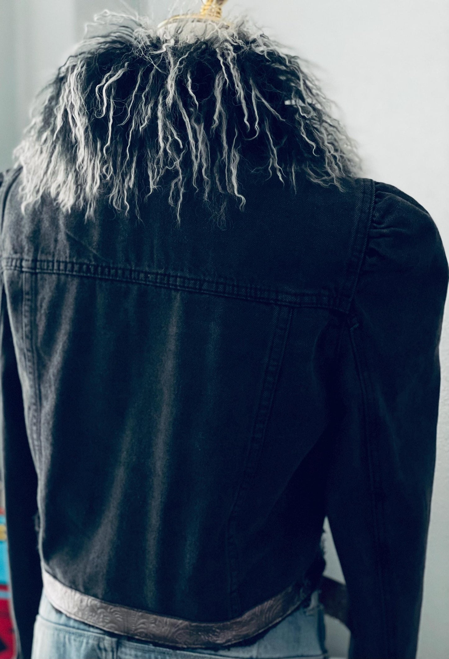 Upcycled Denim Jacket: Mongolian Lamb Fur Collar, Sheepskin Trim