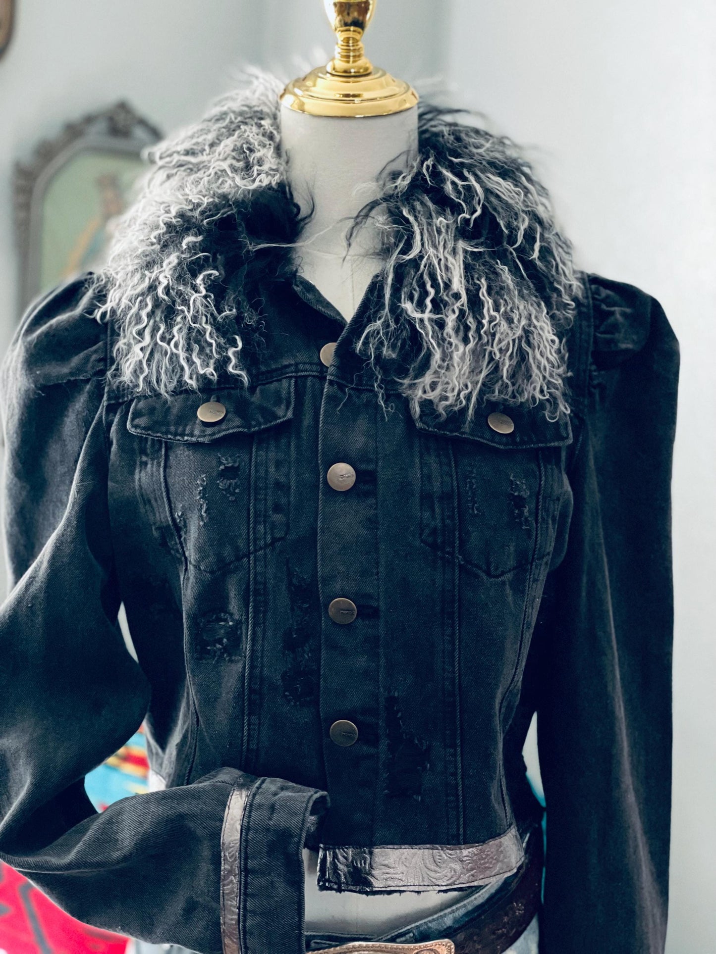 Upcycled Denim Jacket: Mongolian Lamb Fur Collar, Sheepskin Trim
