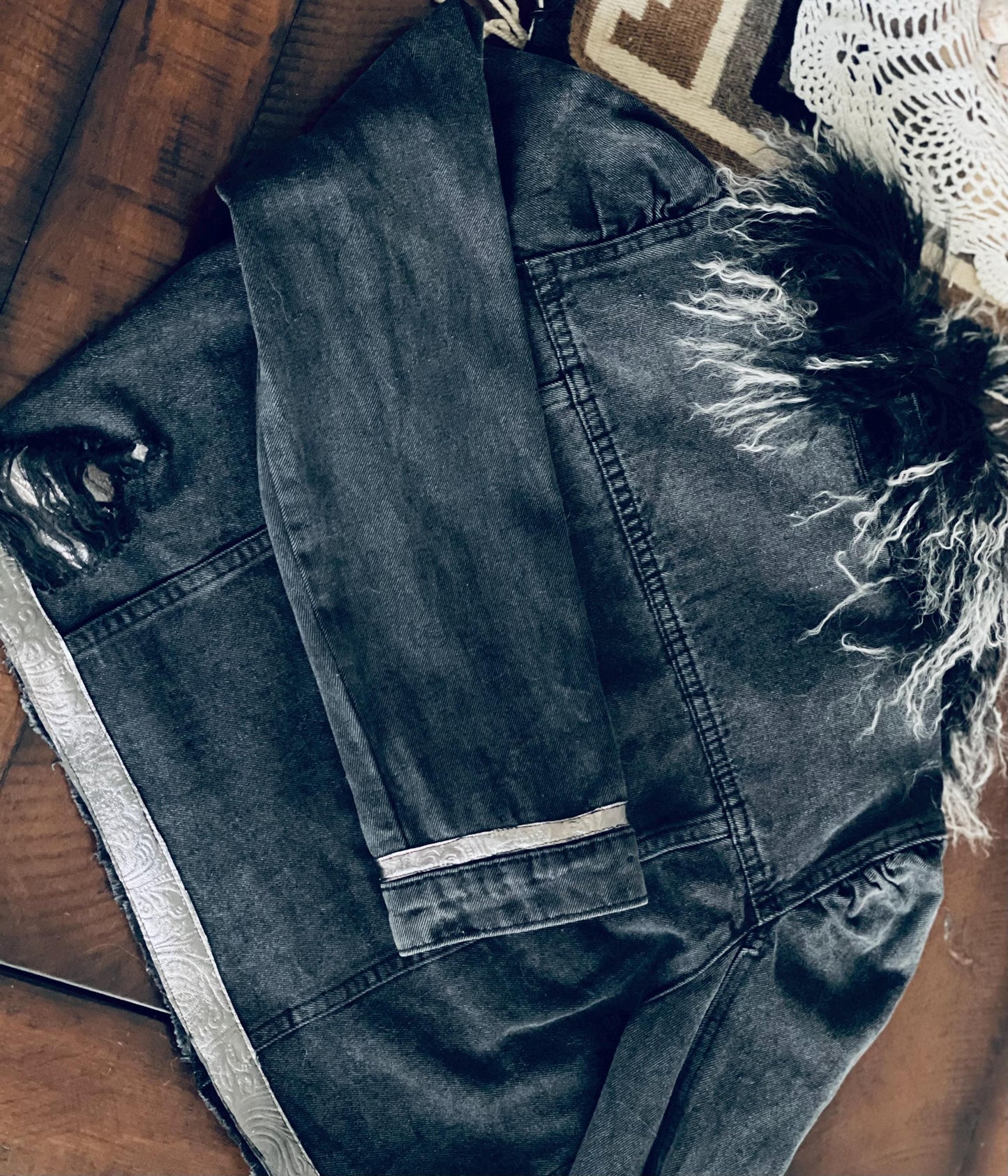 Upcycled Denim Jacket: Mongolian Lamb Fur Collar, Sheepskin Trim