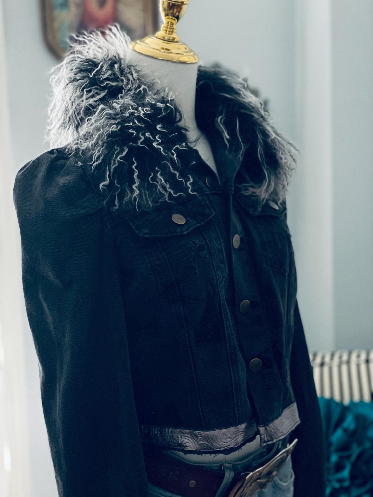 Upcycled Denim Jacket: Mongolian Lamb Fur Collar, Sheepskin Trim