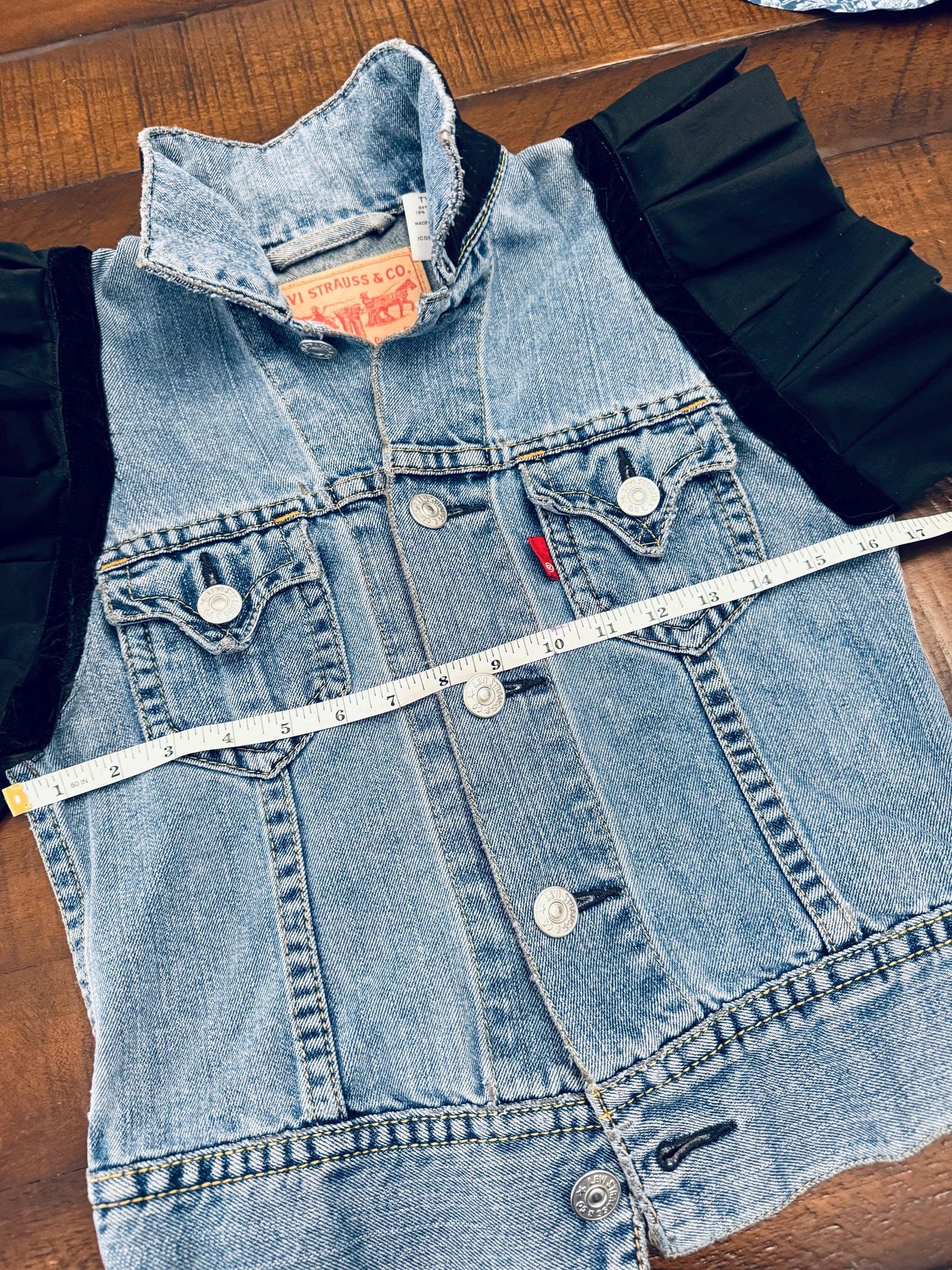 Upcycled Levi's Denim Jacket: Ruffle Sleeves, Black Accents