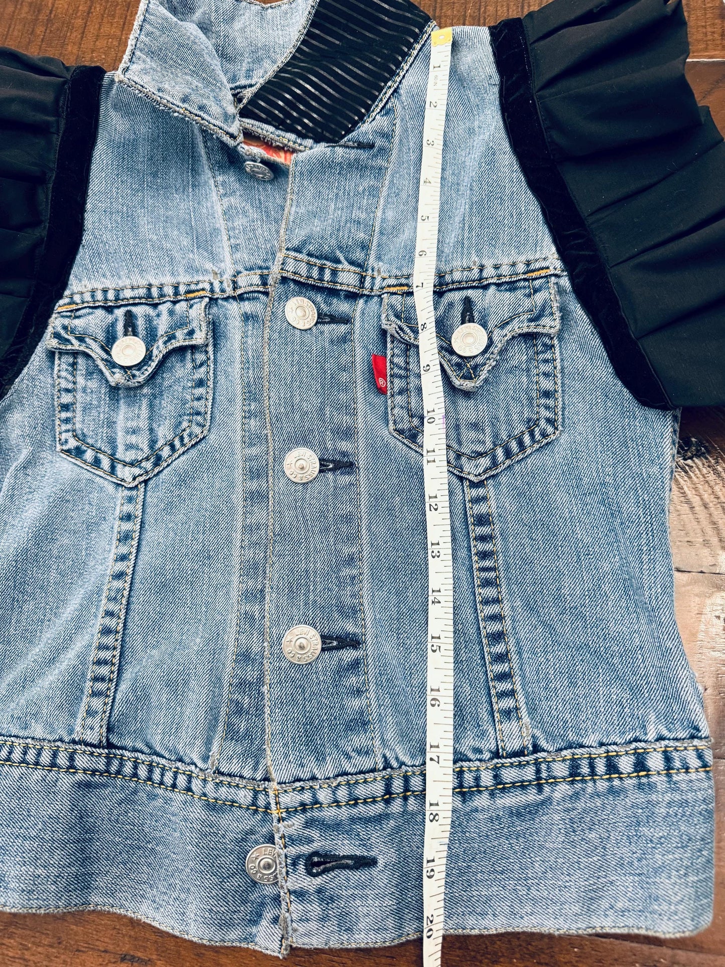 Upcycled Levi's Denim Jacket: Ruffle Sleeves, Black Accents