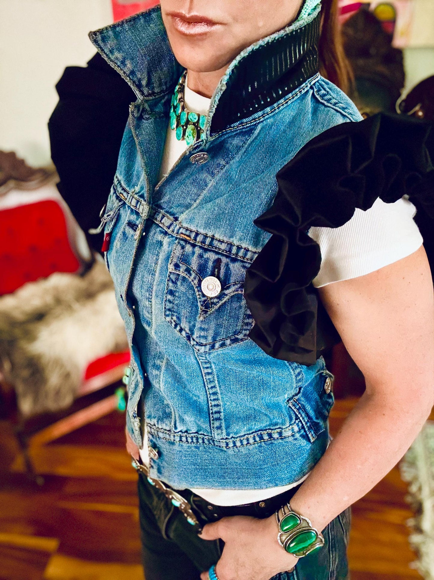 Upcycled Levi's Denim Jacket: Ruffle Sleeves, Black Accents