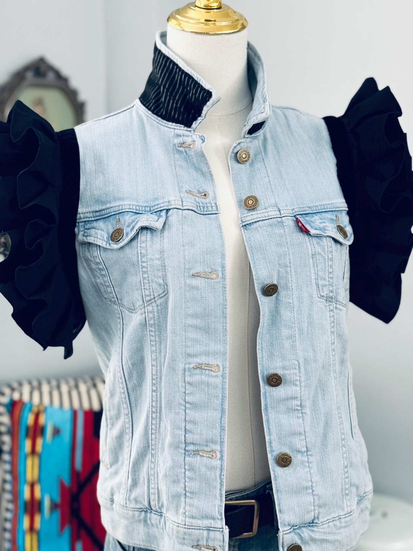 Statement Piece -Levi's Denim Jacket Upcycled with Ruffles - Blue/Black