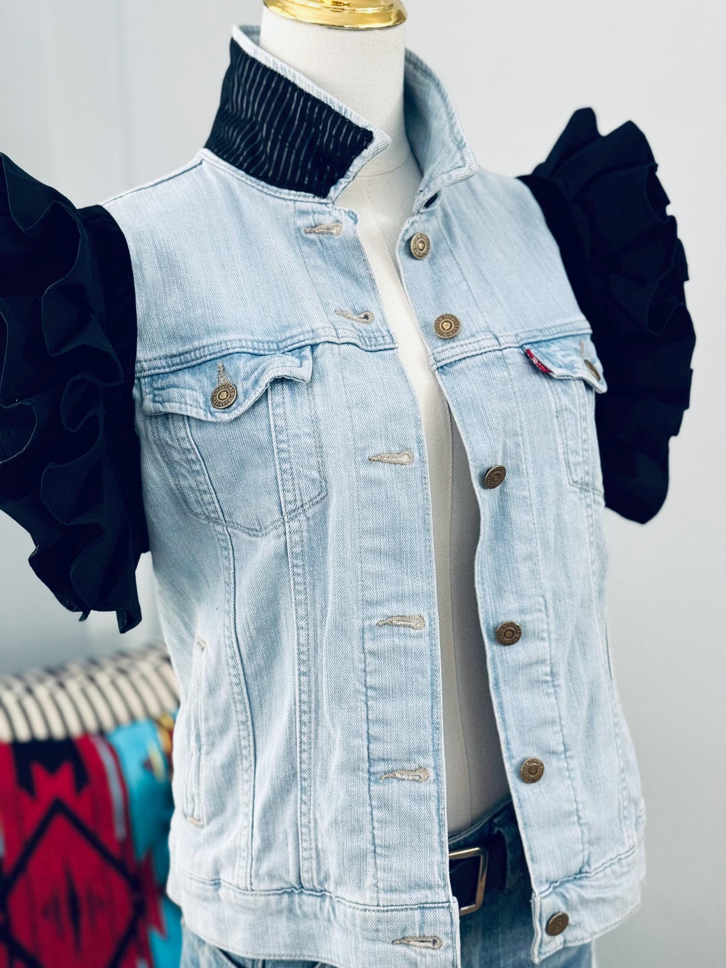 Statement Piece -Levi's Denim Jacket Upcycled with Ruffles - Blue/Black