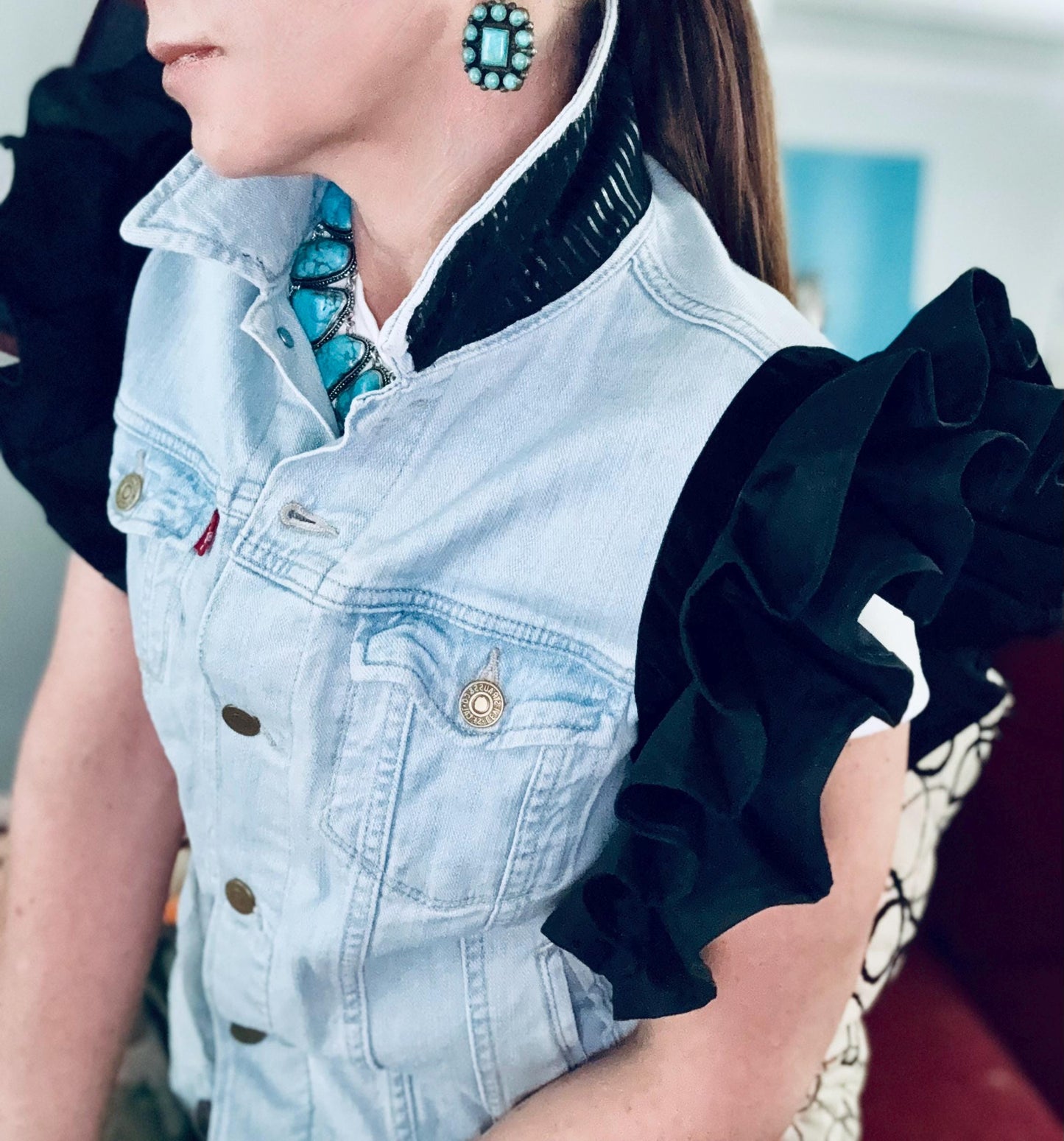Statement Piece -Levi's Denim Jacket Upcycled with Ruffles - Blue/Black
