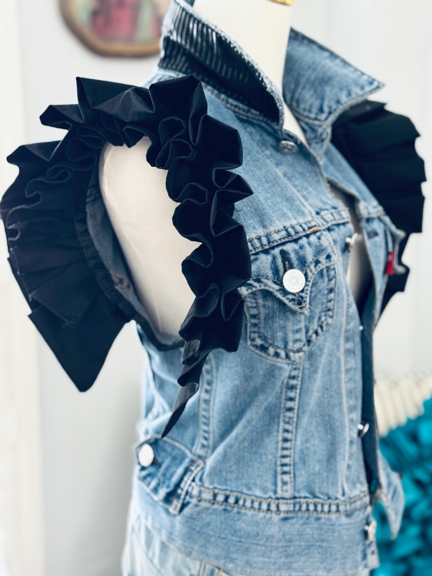 Upcycled Levi's Denim Jacket: Ruffle Sleeves, Black Accents