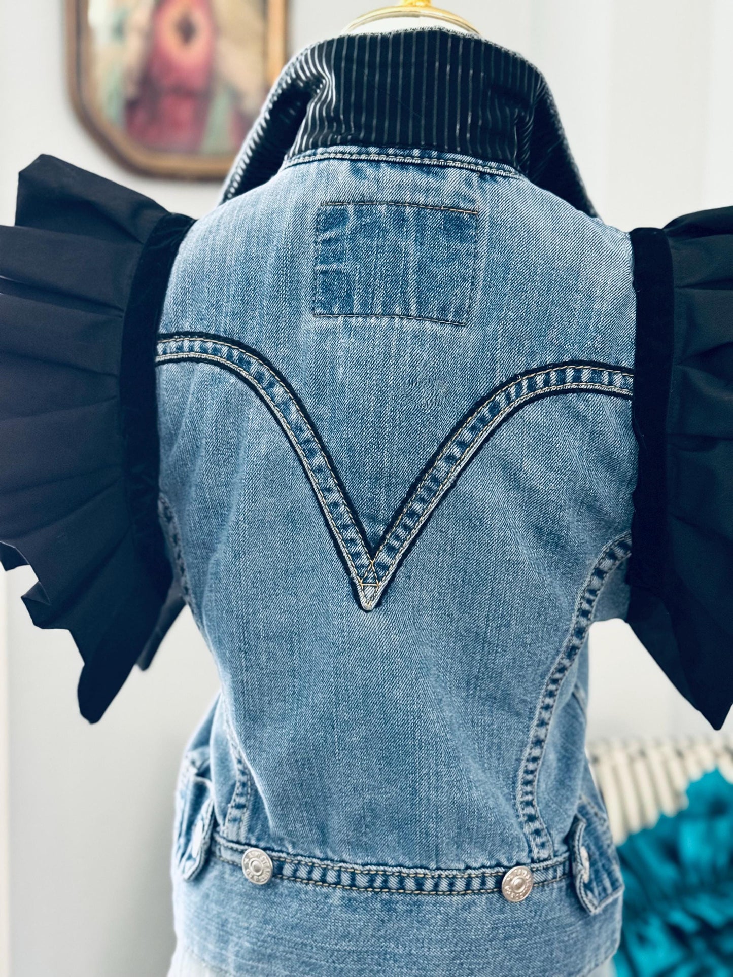 Upcycled Levi's Denim Jacket: Ruffle Sleeves, Black Accents