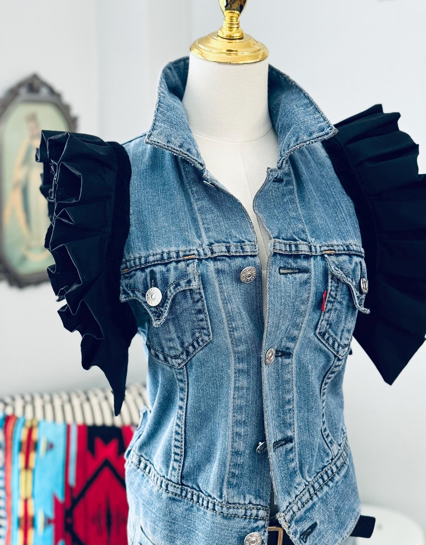 Upcycled Levi's Denim Jacket: Ruffle Sleeves, Black Accents