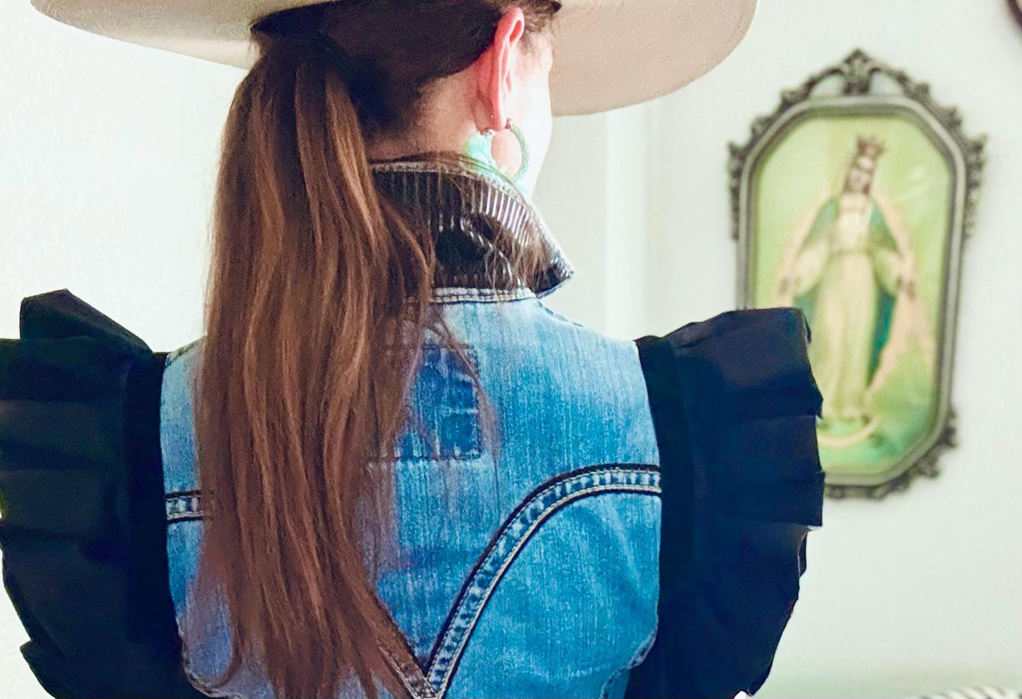 Upcycled Levi's Denim Jacket: Ruffle Sleeves, Black Accents