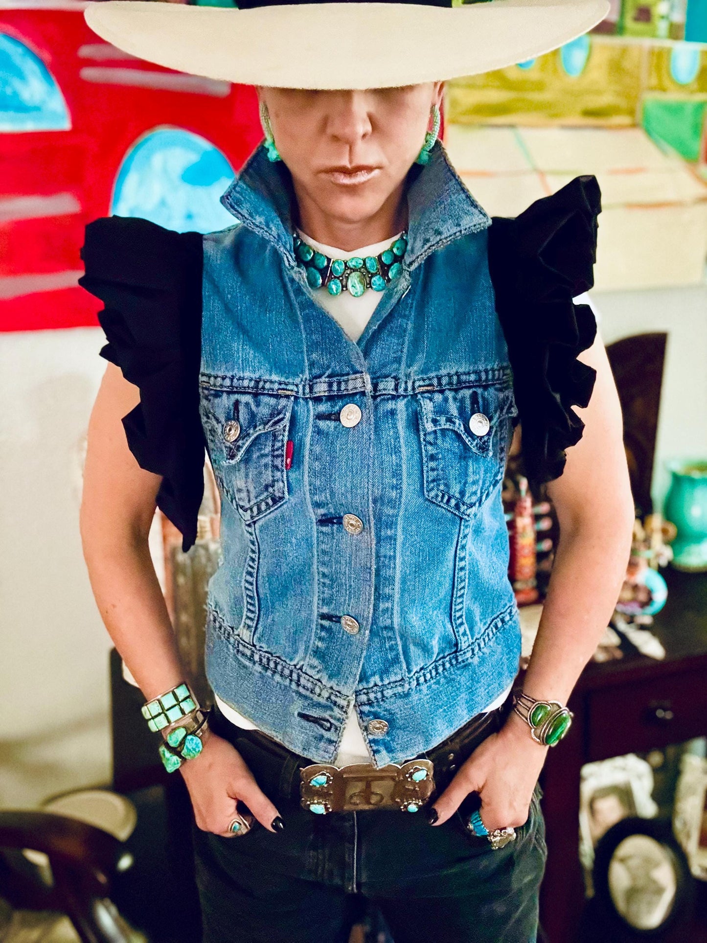 Upcycled Levi's Denim Jacket: Ruffle Sleeves, Black Accents