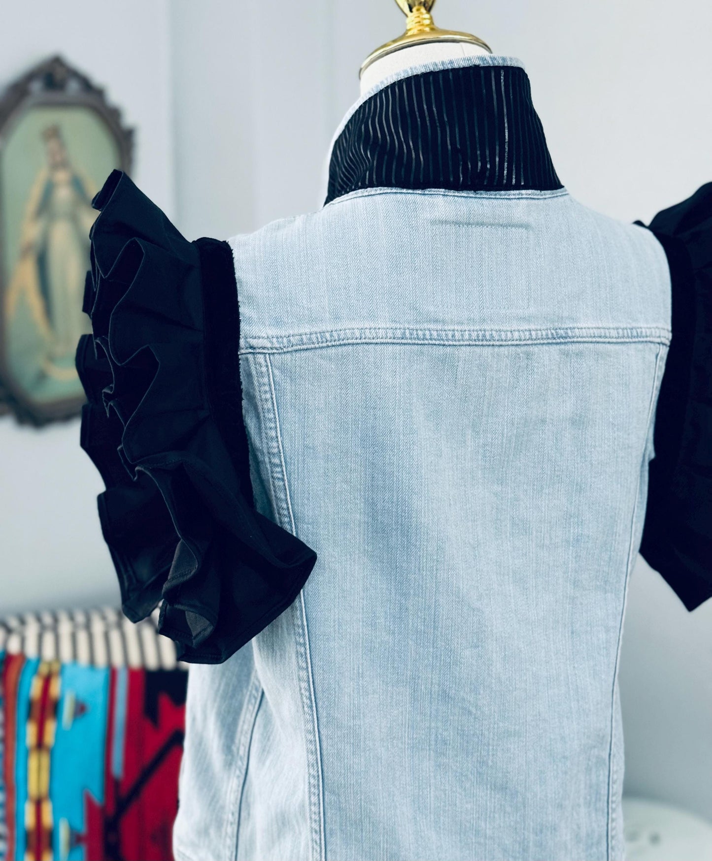 Statement Piece -Levi's Denim Jacket Upcycled with Ruffles - Blue/Black