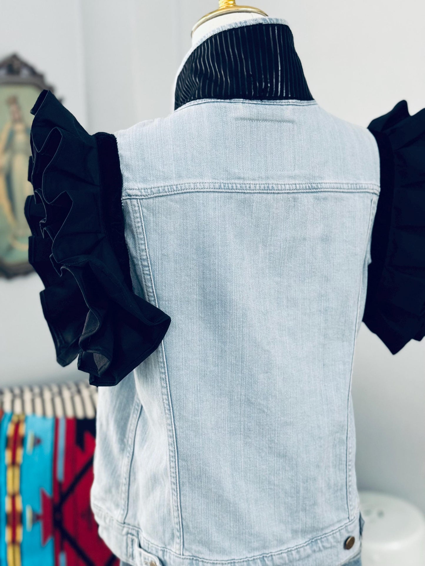 Statement Piece -Levi's Denim Jacket Upcycled with Ruffles - Blue/Black