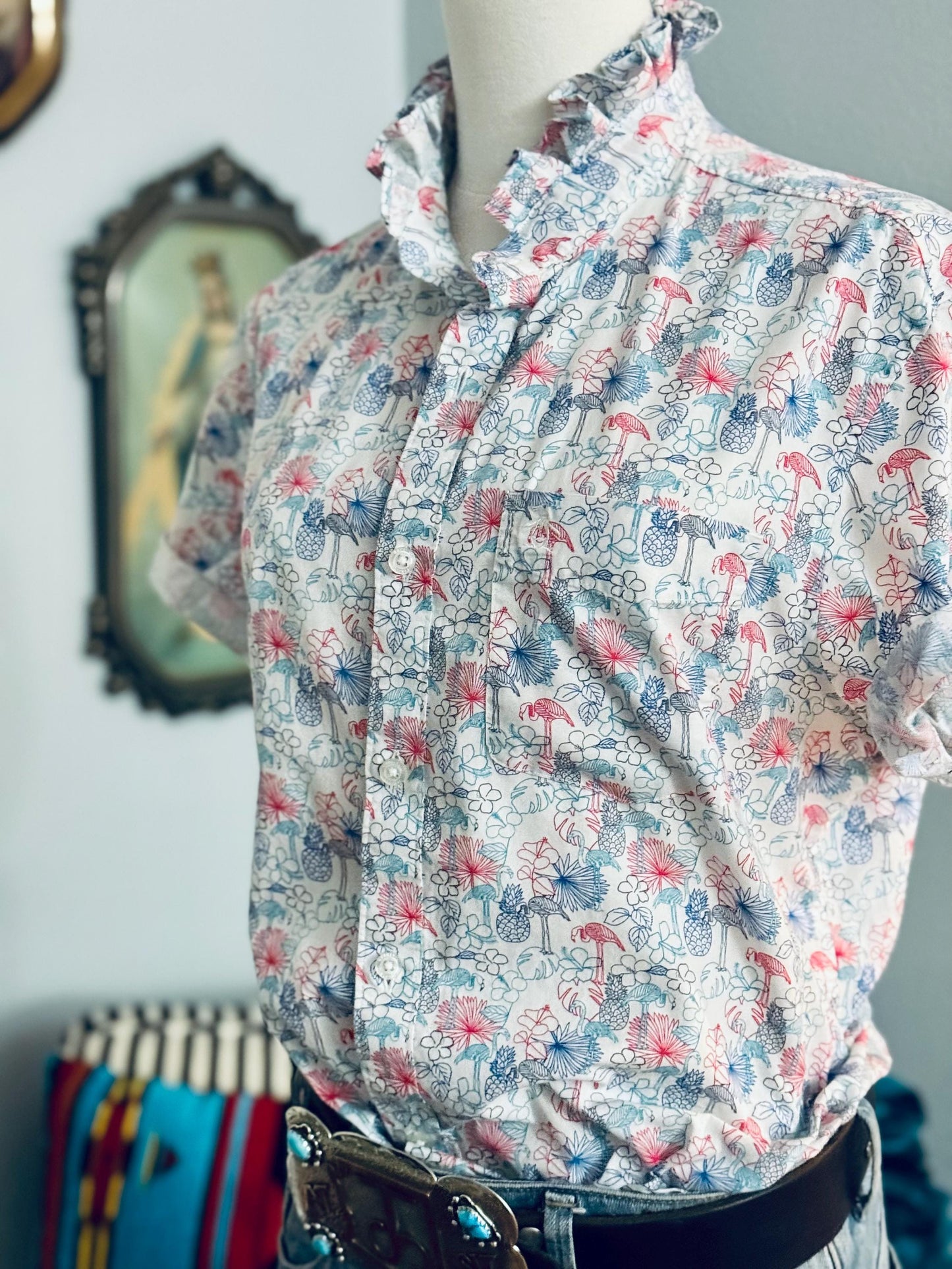 Ruffle Collar Short Sleeve Button Down, Elegant yet Effortless for a Office or Casual Look