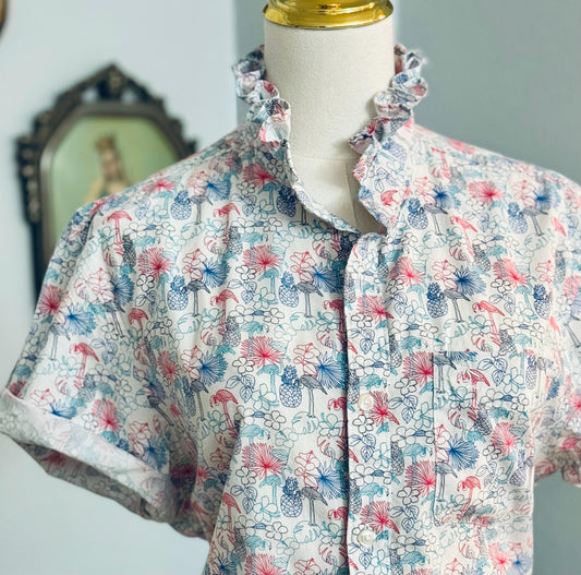 Ruffle Collar Short Sleeve Button Down, Elegant yet Effortless for a Office or Casual Look