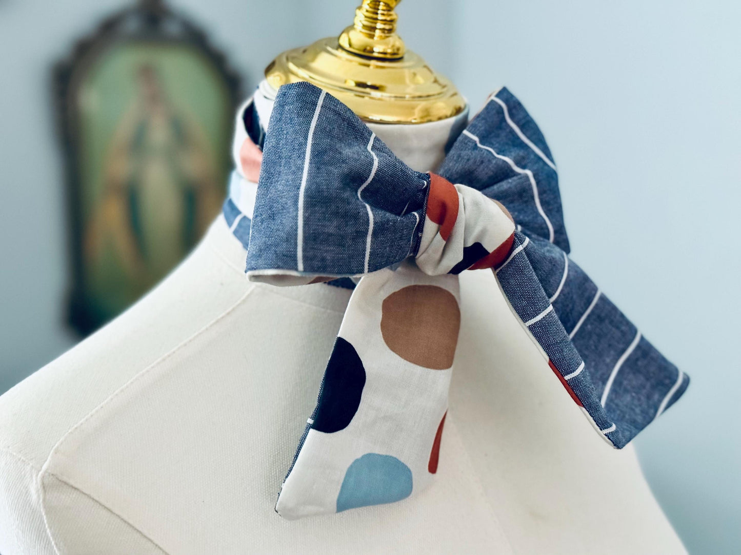 Handmade Skinny Scarf: Blue Stripe Polka Dot Patchwork - 60" x 3"
