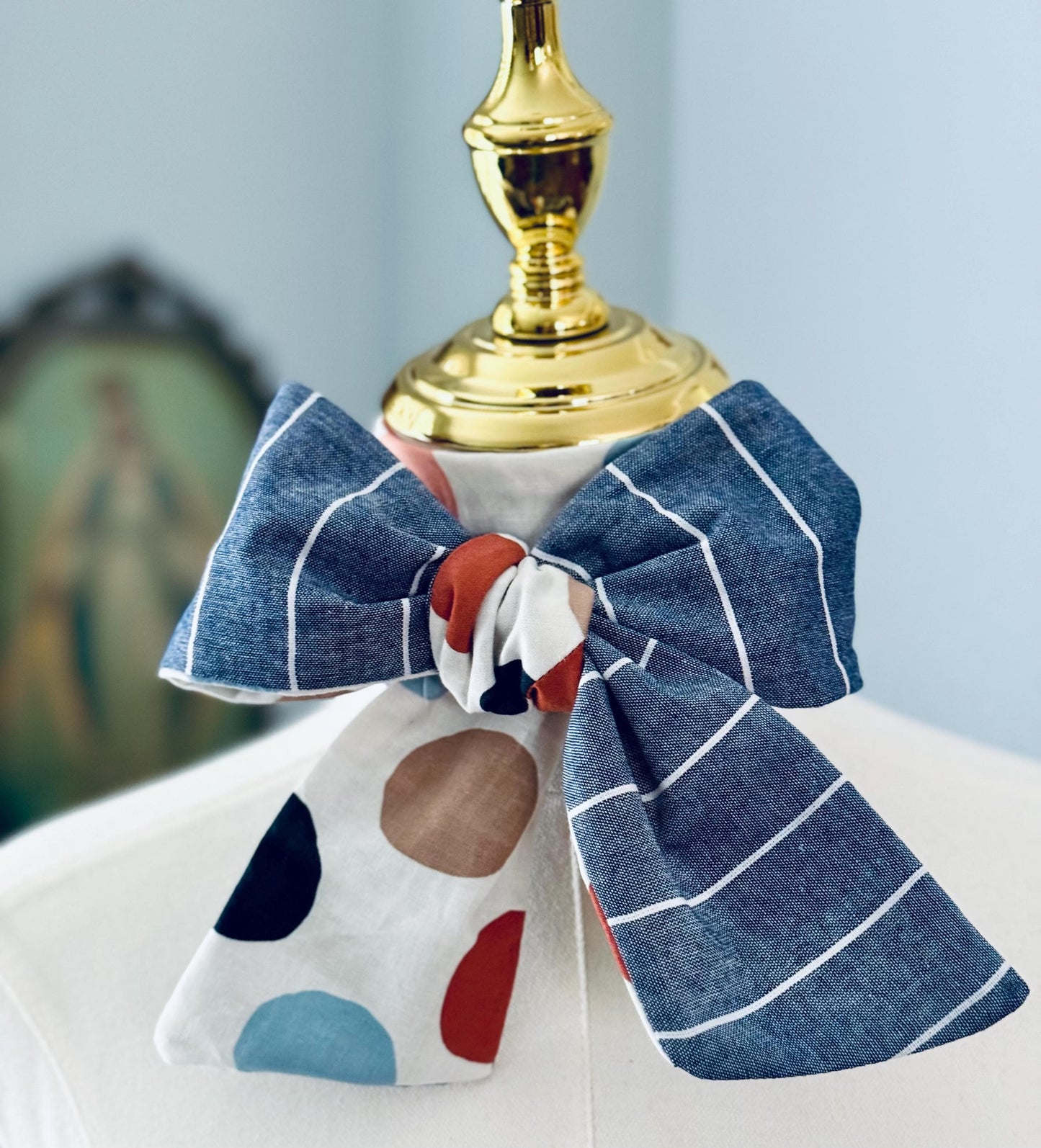Handmade Skinny Scarf: Blue Stripe Polka Dot Patchwork - 60" x 3"