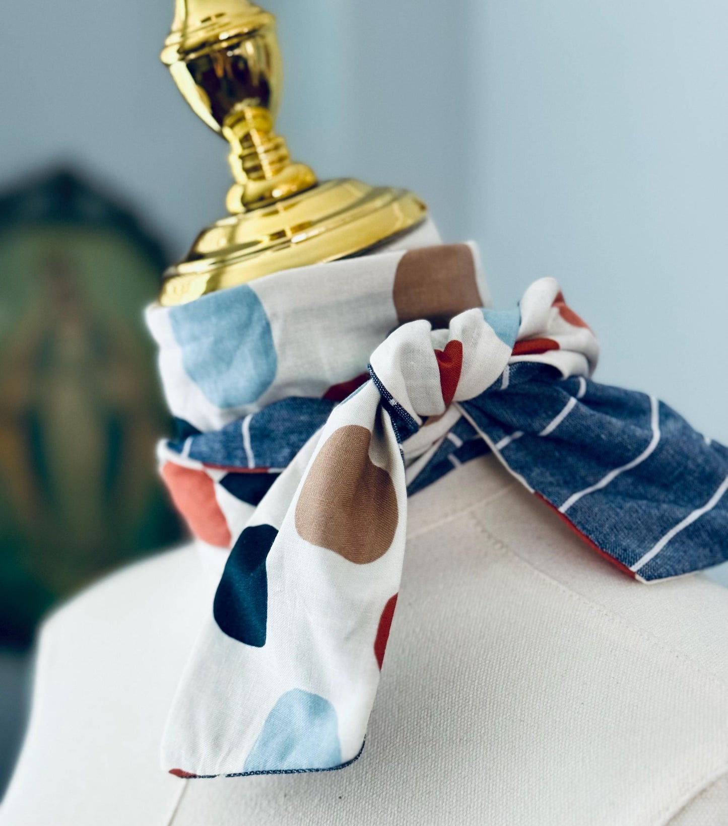 Handmade Skinny Scarf: Blue Stripe Polka Dot Patchwork - 60" x 3"