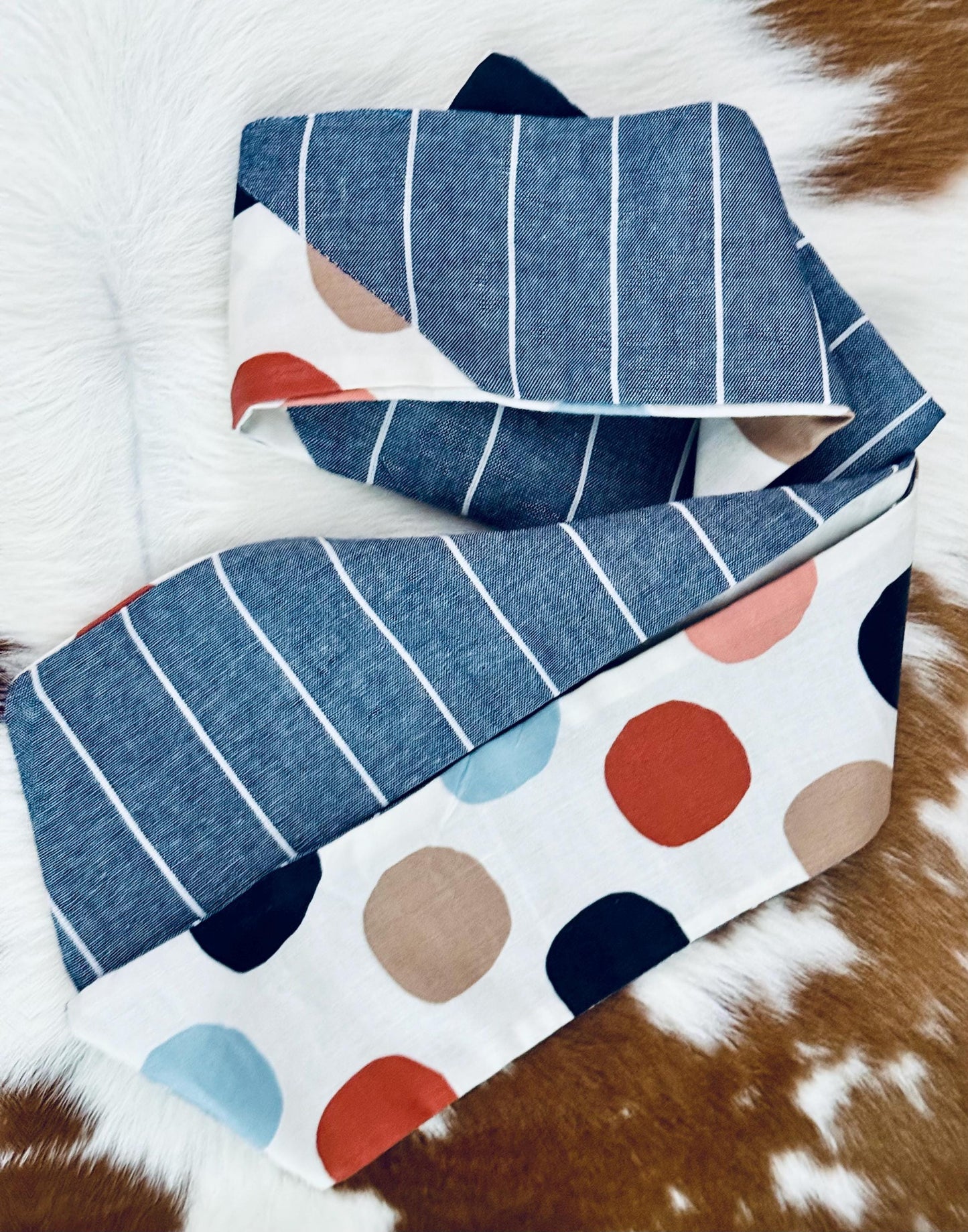 Handmade Skinny Scarf: Blue Stripe Polka Dot Patchwork - 60" x 3"