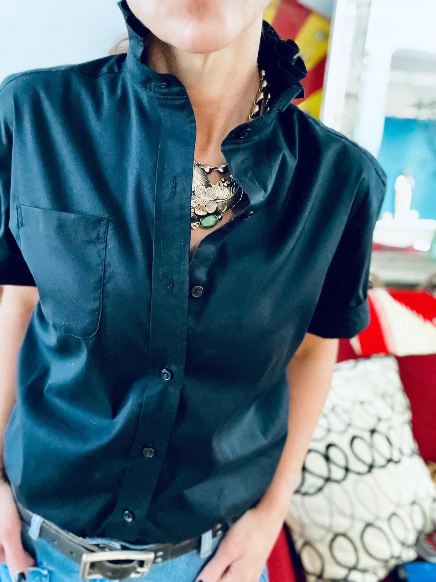 Reworked Black Ruffle Collar Blouse: Upcycled Cotton Blend Top