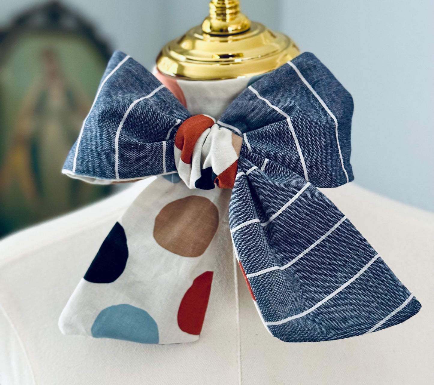 Handmade Skinny Scarf: Blue Stripe Polka Dot Patchwork - 60" x 3"
