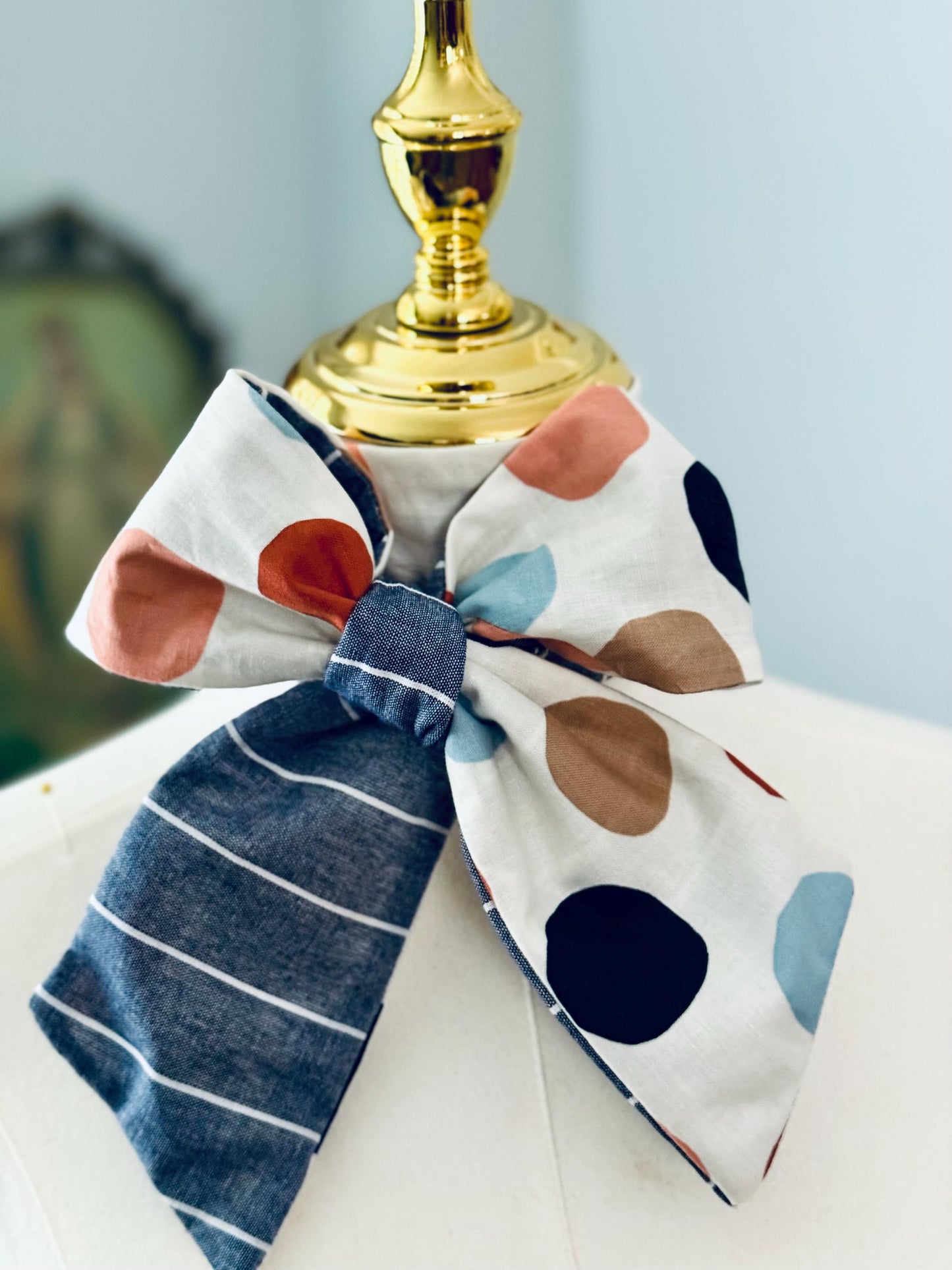Handmade Skinny Scarf: Blue Stripe Polka Dot Patchwork - 60" x 3"