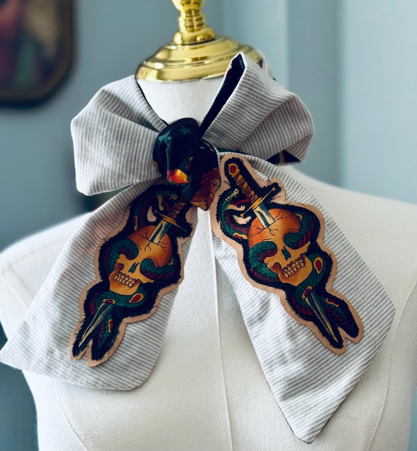 Handmade Linen Pinstripe Skinny Scarf: Alexander Henry Tattoo Fabric & Leather Appliqué