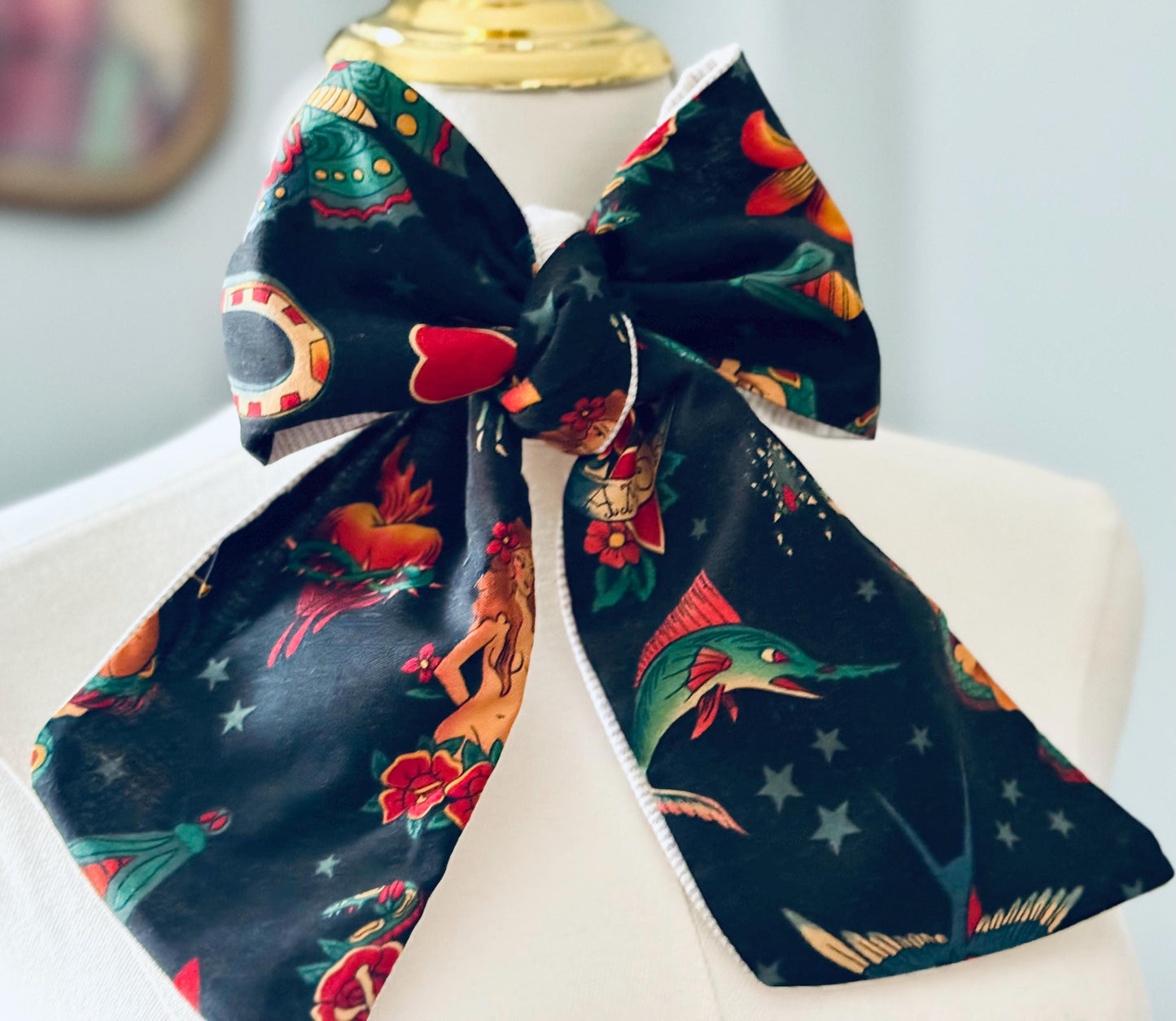 Handmade Linen Pinstripe Skinny Scarf: Alexander Henry Tattoo Fabric & Leather Appliqué