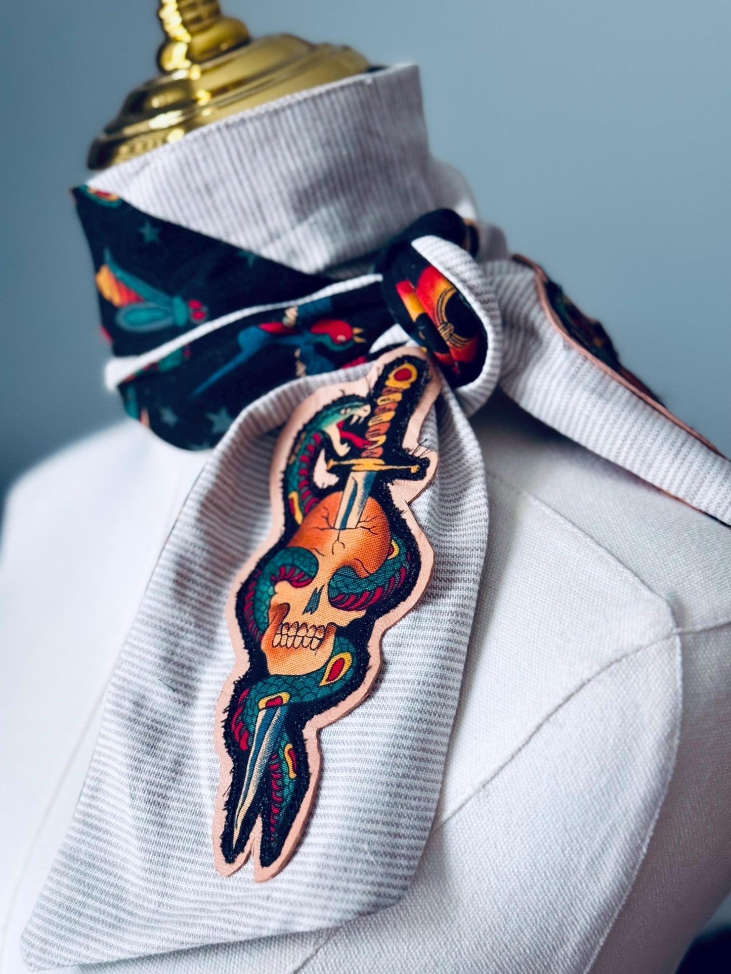 Handmade Linen Pinstripe Skinny Scarf: Alexander Henry Tattoo Fabric & Leather Appliqué
